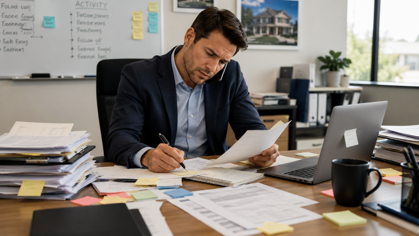 Realtor overwhelmed by paperwork, phone calls, CRM updates, and administrative tasks in a busy office, illustrating the need for AI workflow automation. Realtor overwhelmed by paperwork, phone calls, CRM updates, and administrative tasks in a busy office, illustrating the need for AI workflow automation.