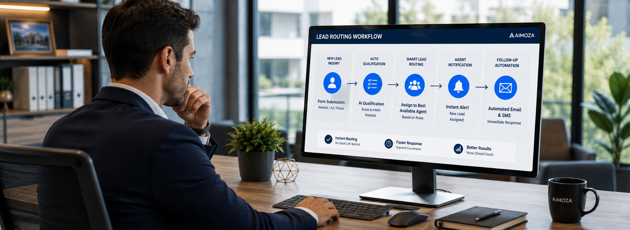 Modern real estate professional using an AI-powered workflow system to automatically route and organize new leads for faster response and improved client management. Modern real estate professional using an AI-powered workflow system to automatically route and organize new leads for faster response and improved client management.