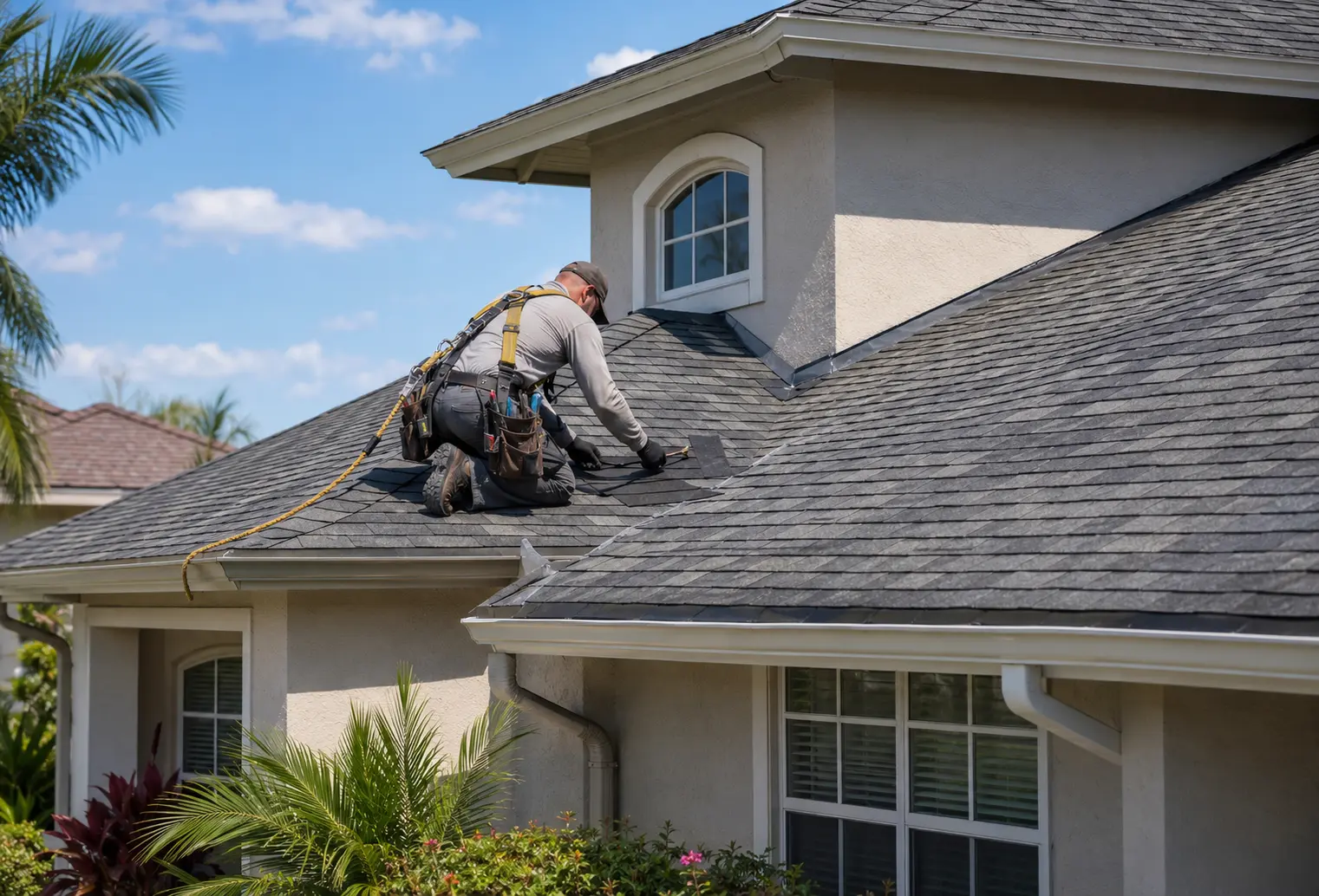 Roofing contractor repairing an architectural shingle roof on a Florida home