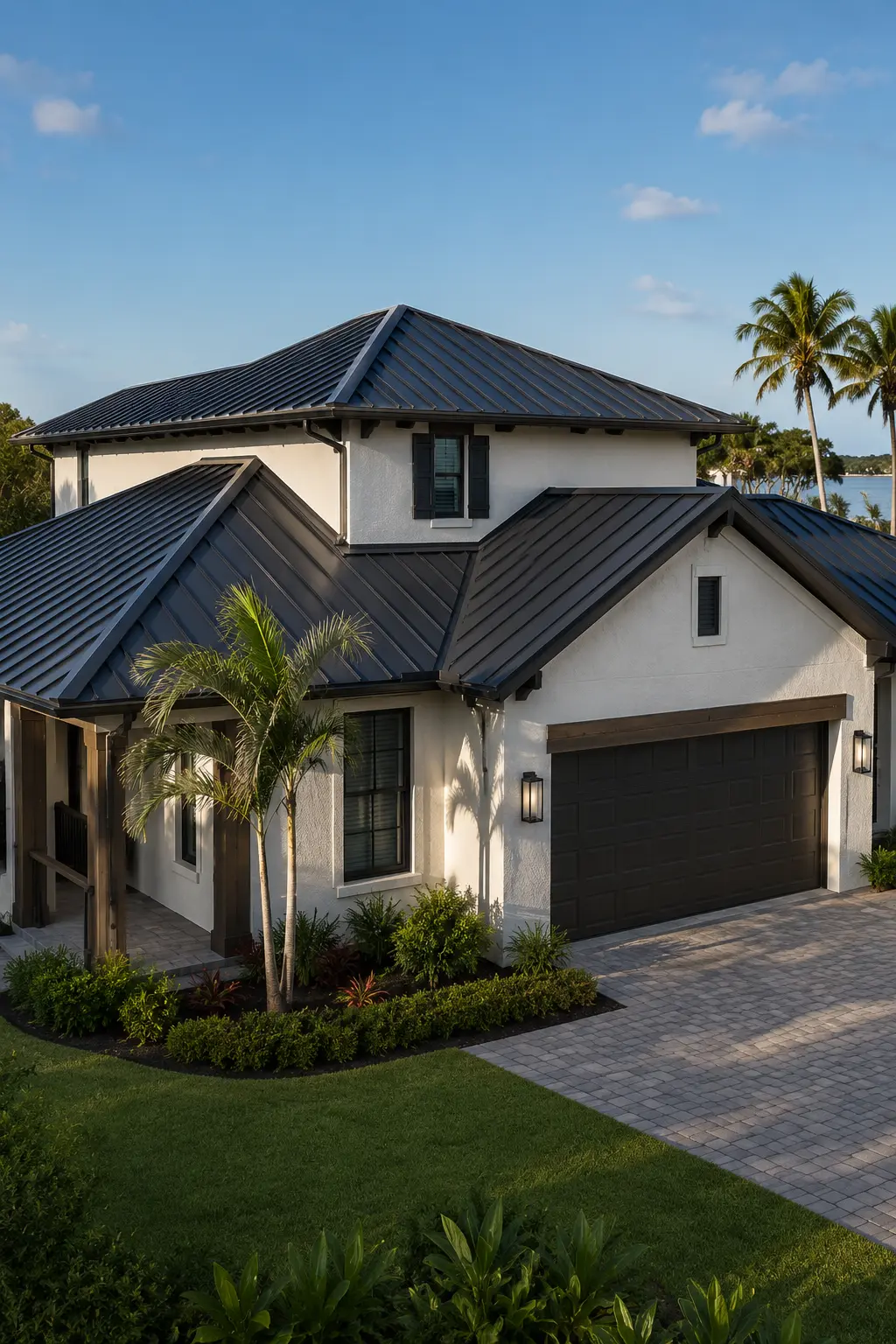 Florida home with a charcoal standing-seam metal roof complementing its stucco exterior and tropical landscaping