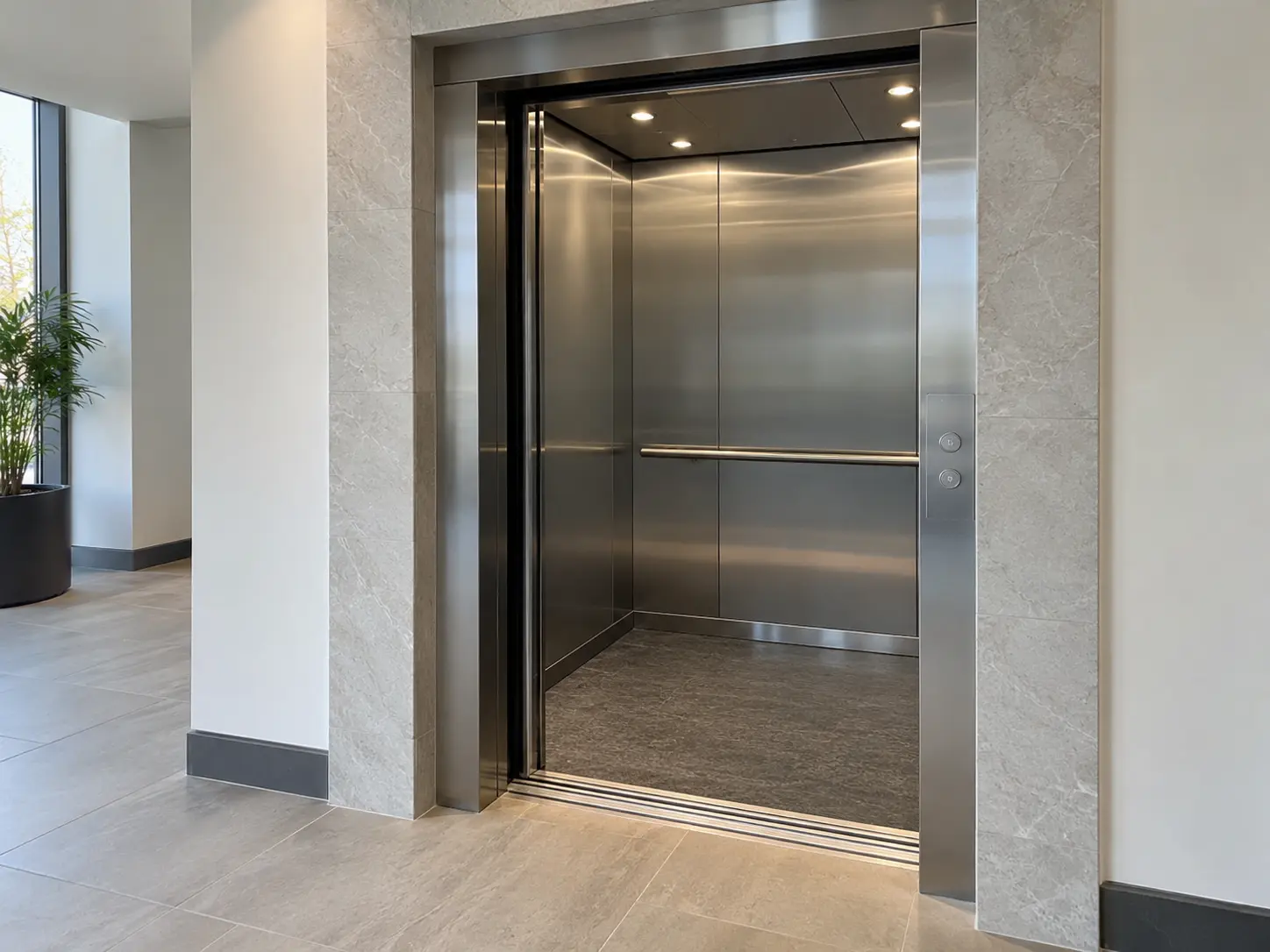 Open stainless steel elevator in a commercial building.