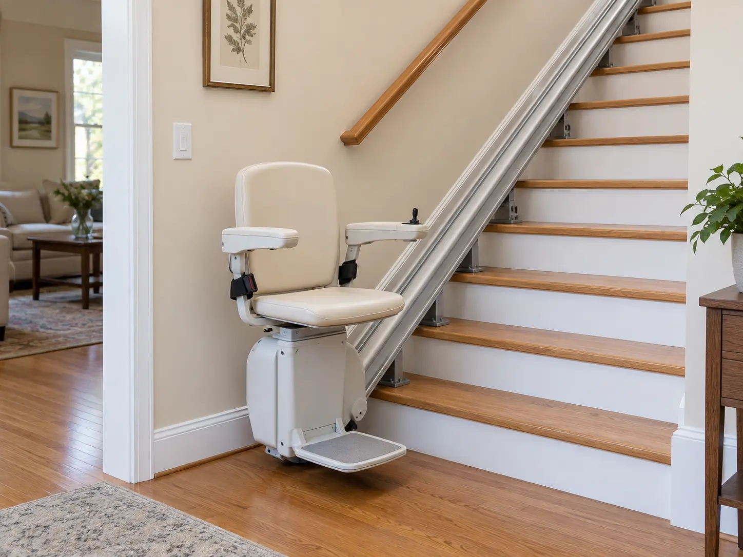 Cream-colored stairlift beside a wooden staircase in a home.