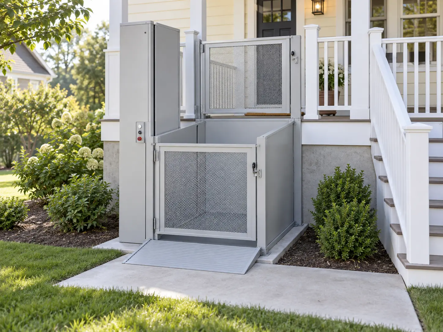 Outdoor wheelchair platform lift beside a raised front porch.