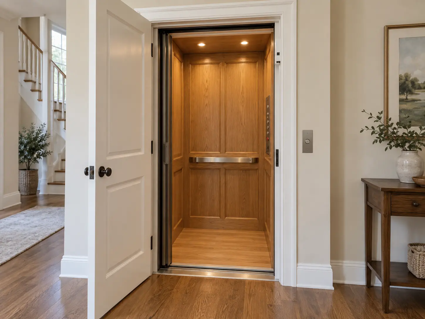 Open residential elevator with a wood-paneled cab in a home hallway.
