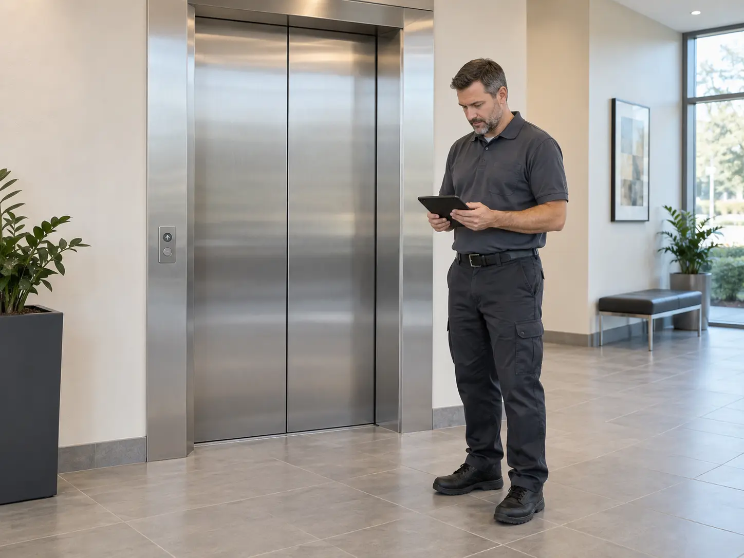 Elevator technician reviewing equipment information