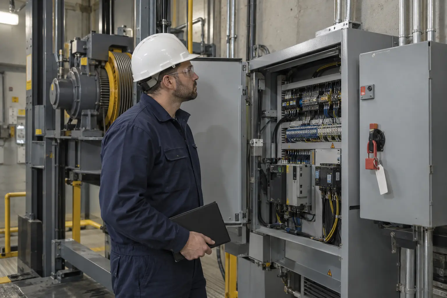 Technician examining an industrial elevator control panel