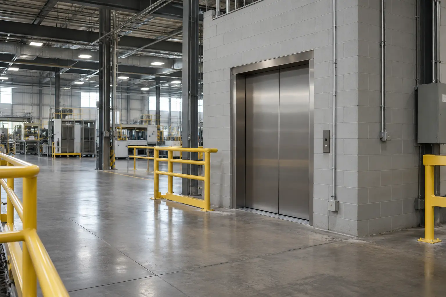 Industrial elevator landing with clear access and yellow protective railings