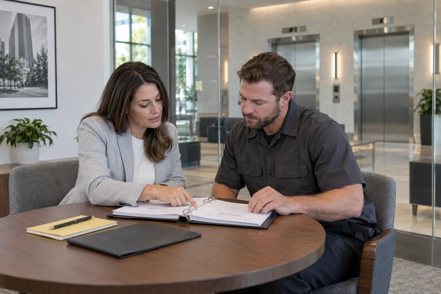 Property manager and elevator technician reviewing maintenance records together