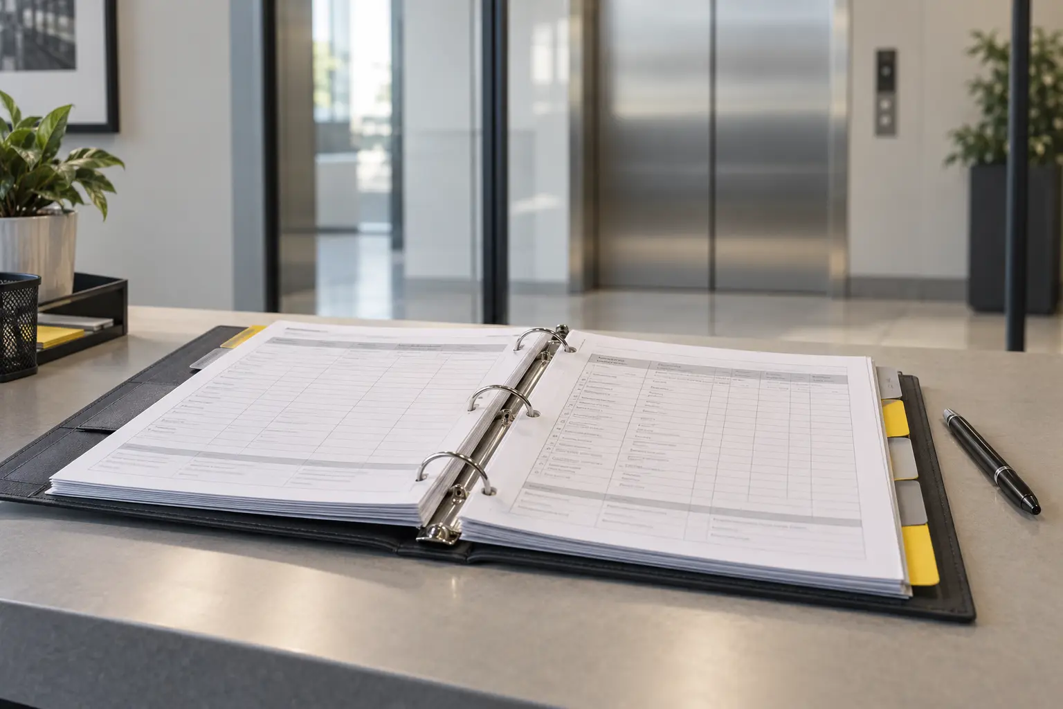 Organized elevator maintenance records in an open binder