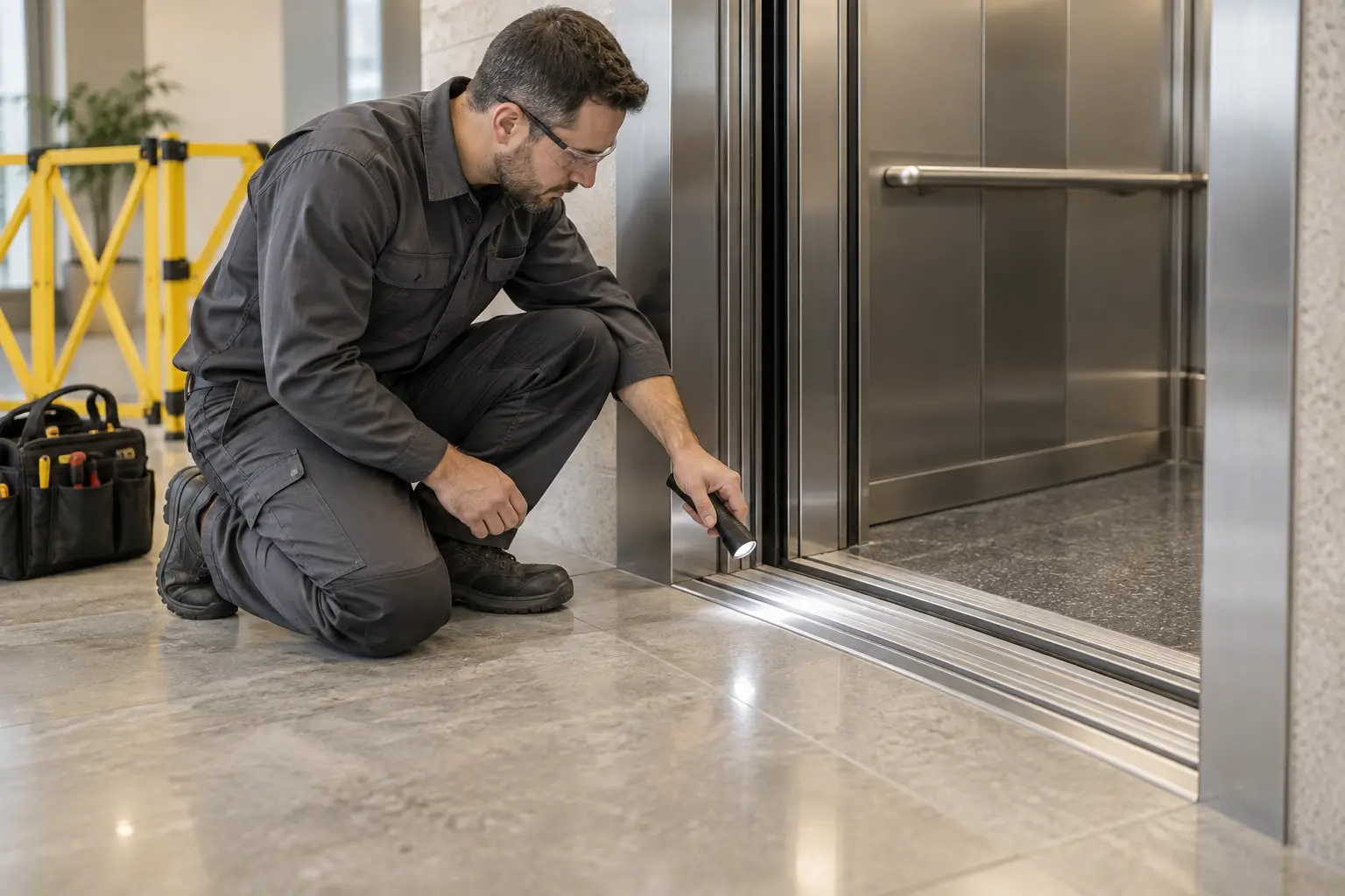 Technician examining an elevator door sill and track during maintenance
