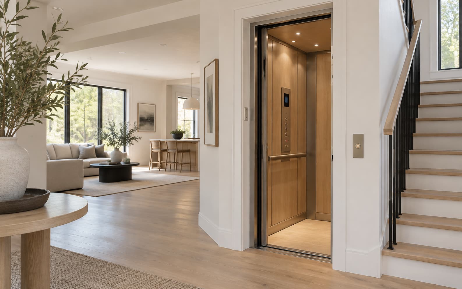 Residential elevator installed beside a staircase in a modern Alabama home