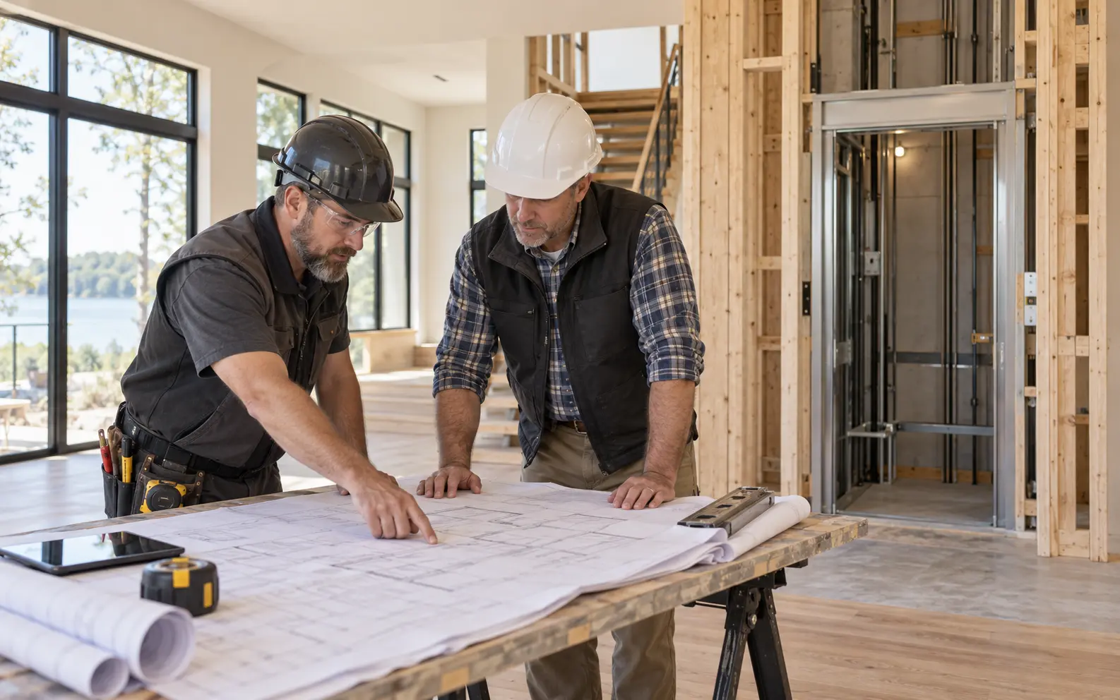 Contractor and elevator technician planning a residential elevator installation