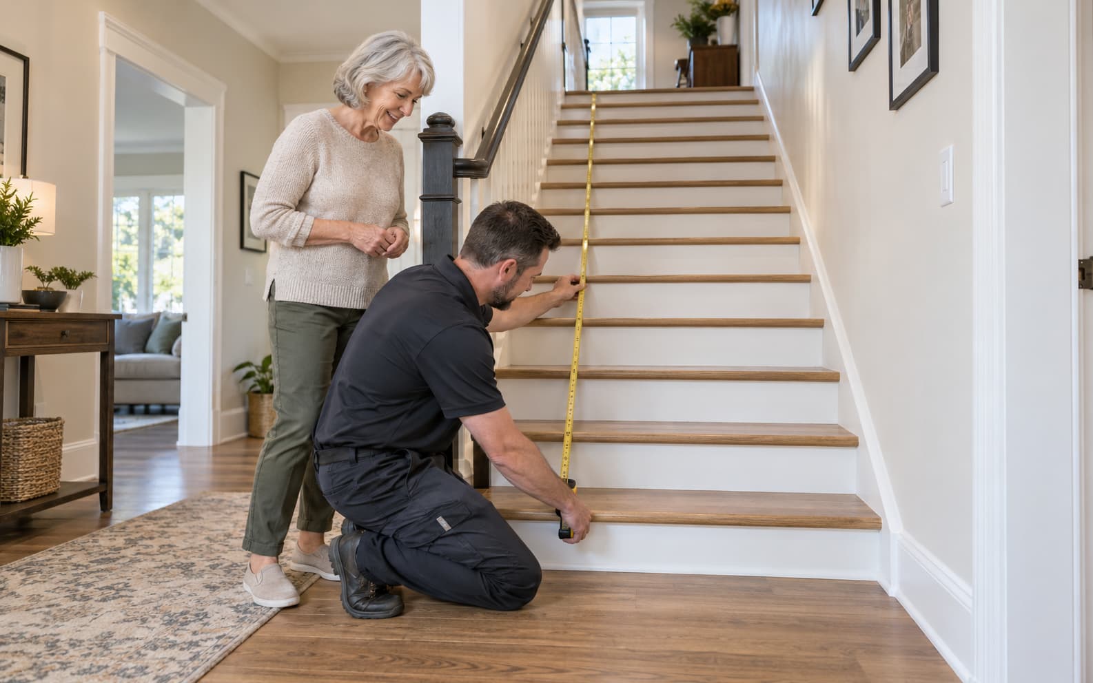 Technician evaluating a residential staircase for stairlift installation