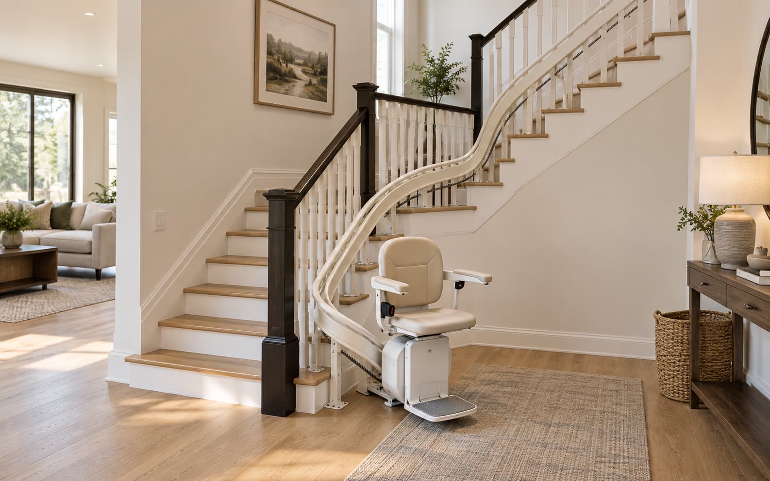Curved stairlift installed on a residential staircase with an intermediate landing