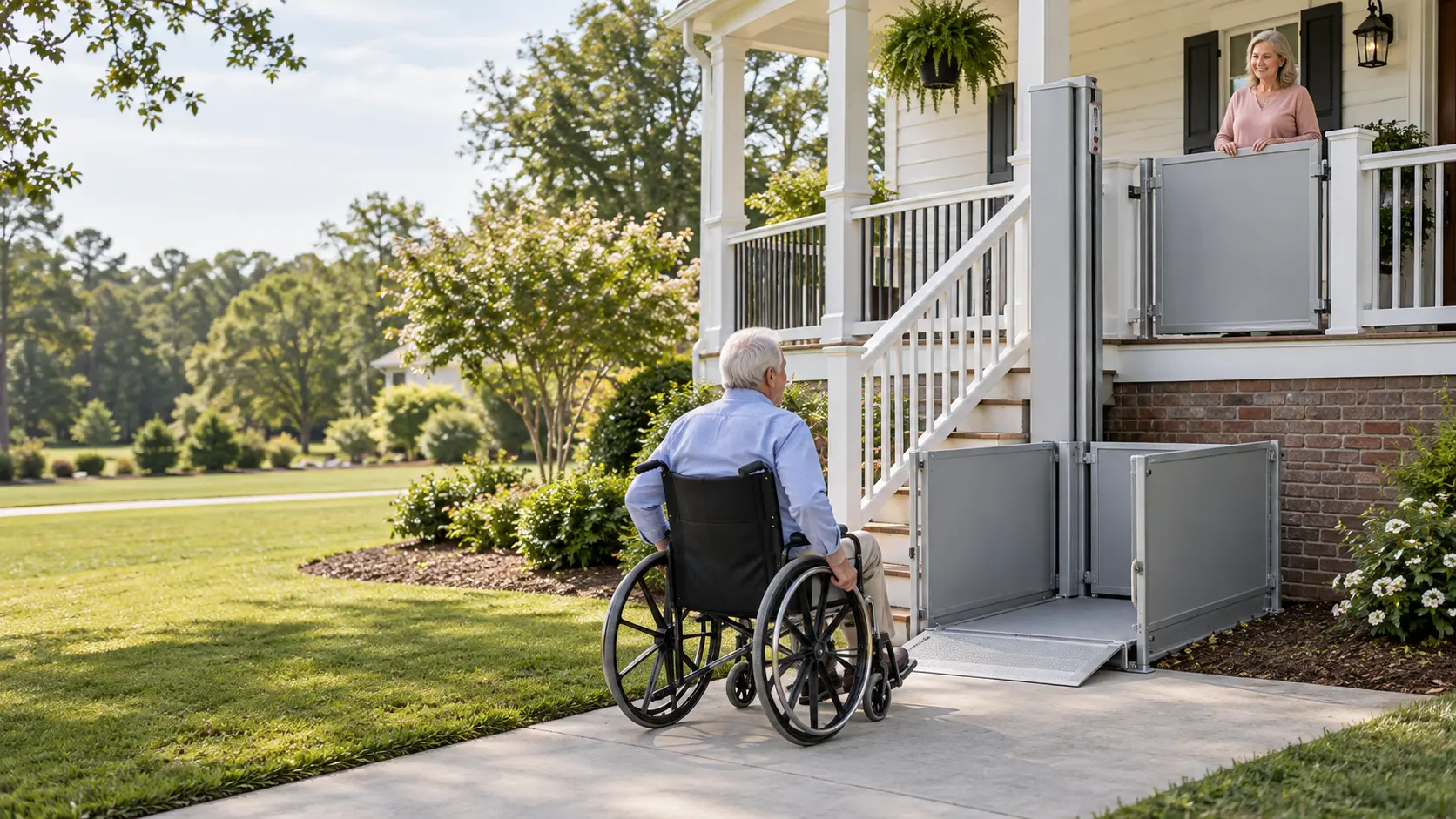 Wheelchair user approaching an outdoor vertical platform lift at an Alabama home