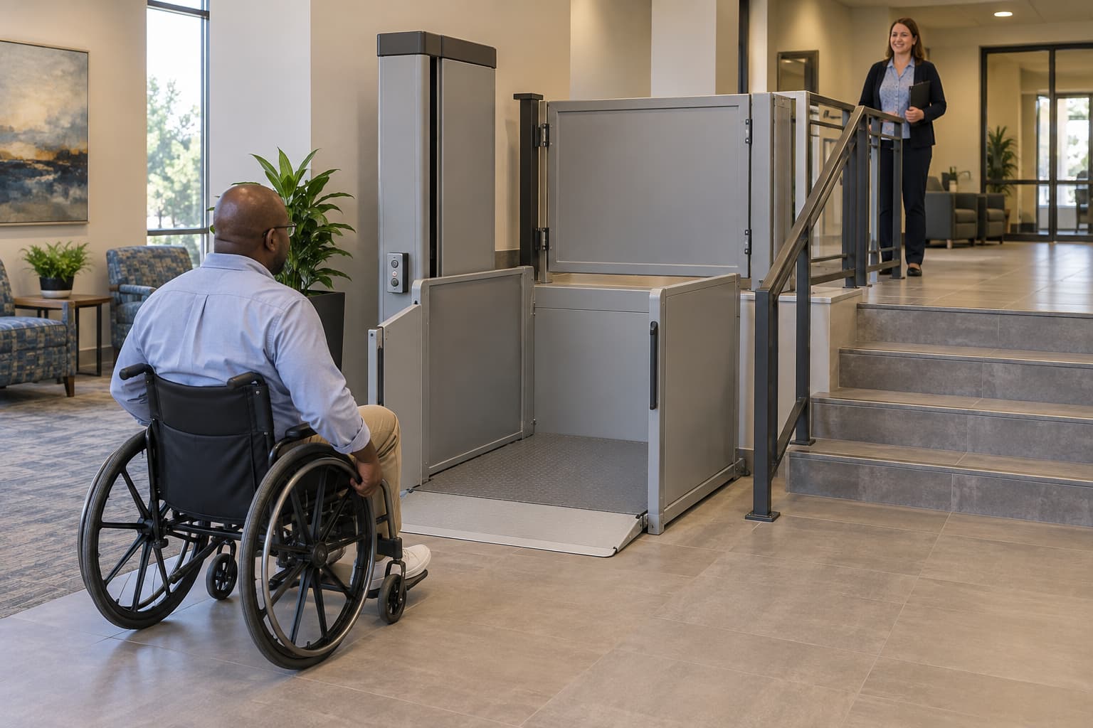Wheelchair user approaching an indoor commercial platform lift in Alabama