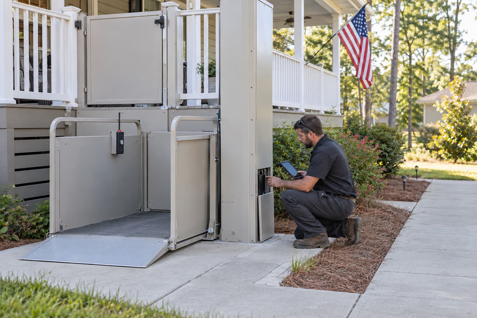 Technician inspecting an outdoor wheelchair lift at an Alabama home