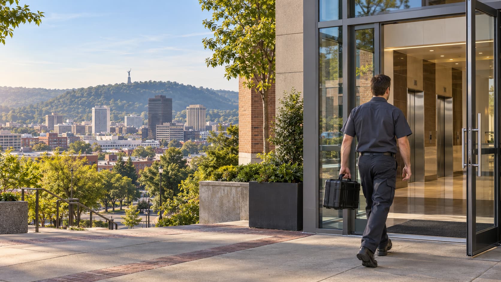 Elevator service technician arriving at a commercial building in Birmingham, Alabama