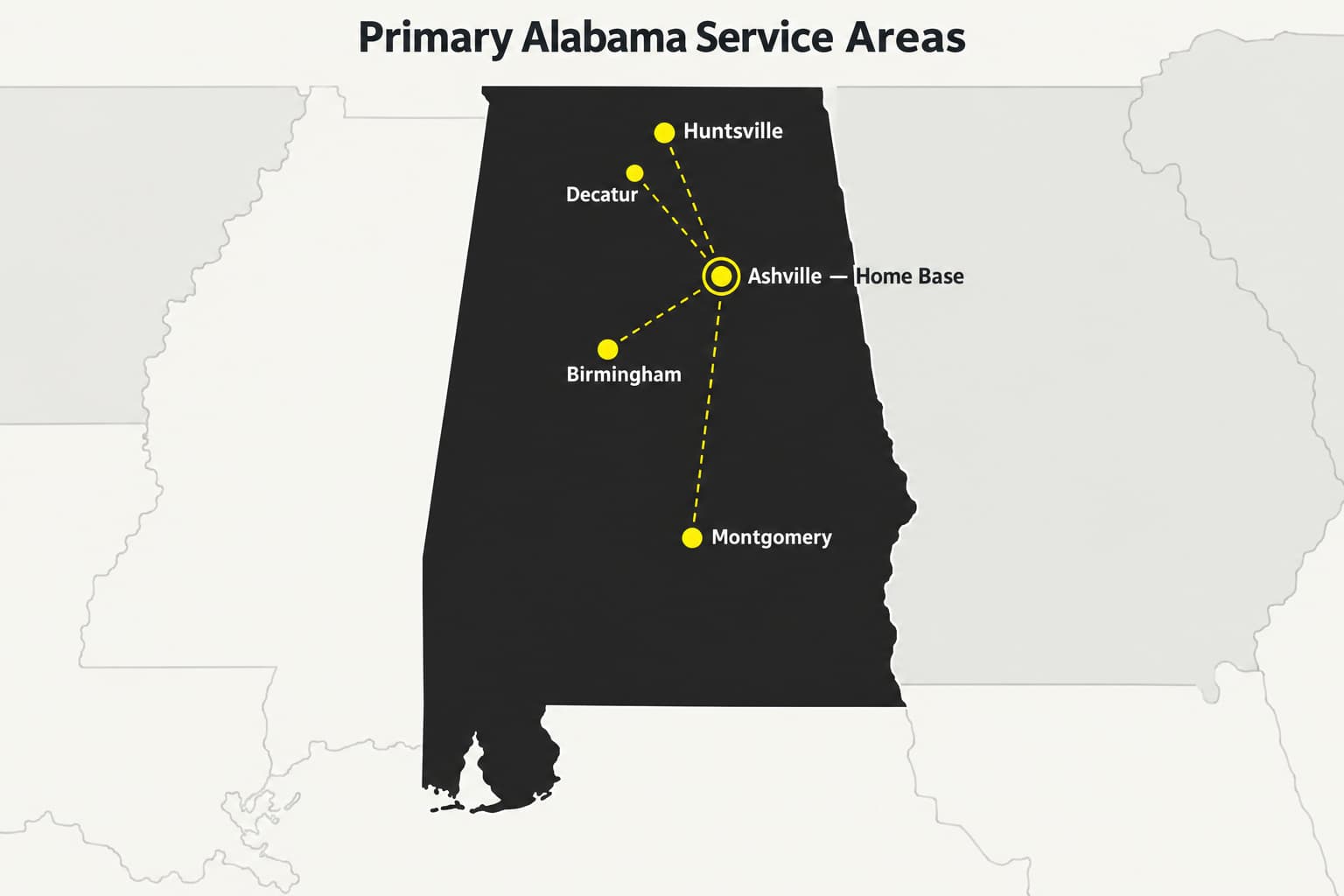 Map showing Ray Strong Elevators service areas across Alabama