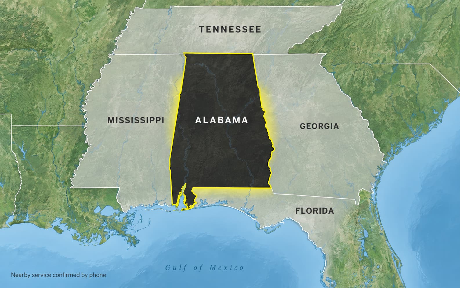 Regional map showing Alabama and potential service areas near Mississippi, Georgia and Florida