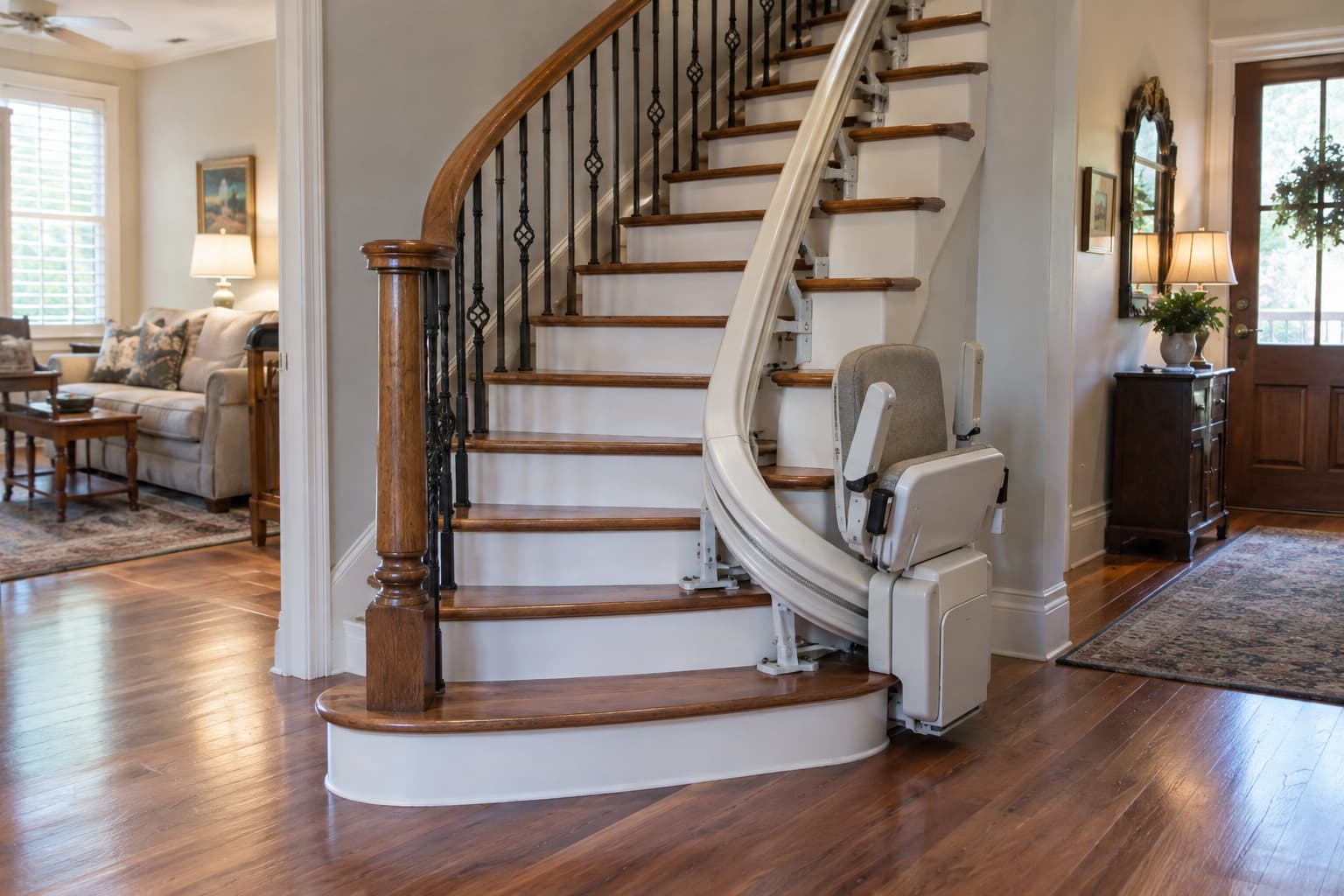 Curved residential stairlift installed beside a wooden staircase