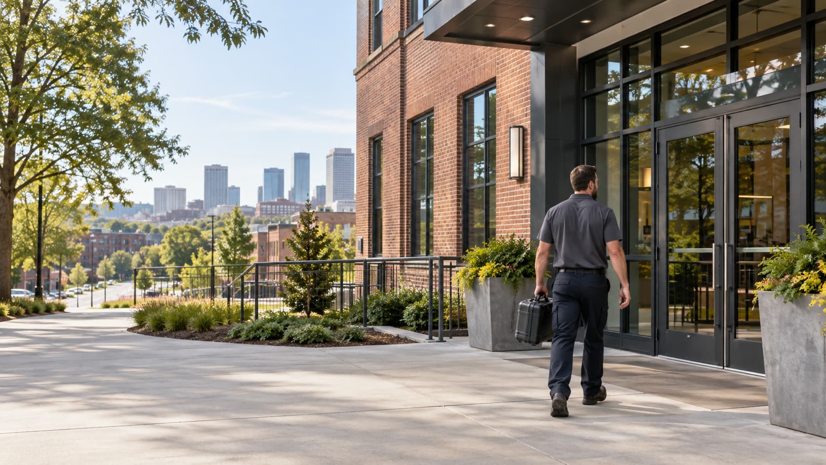 Elevator technician arriving at a commercial property in Birmingham, Alabama