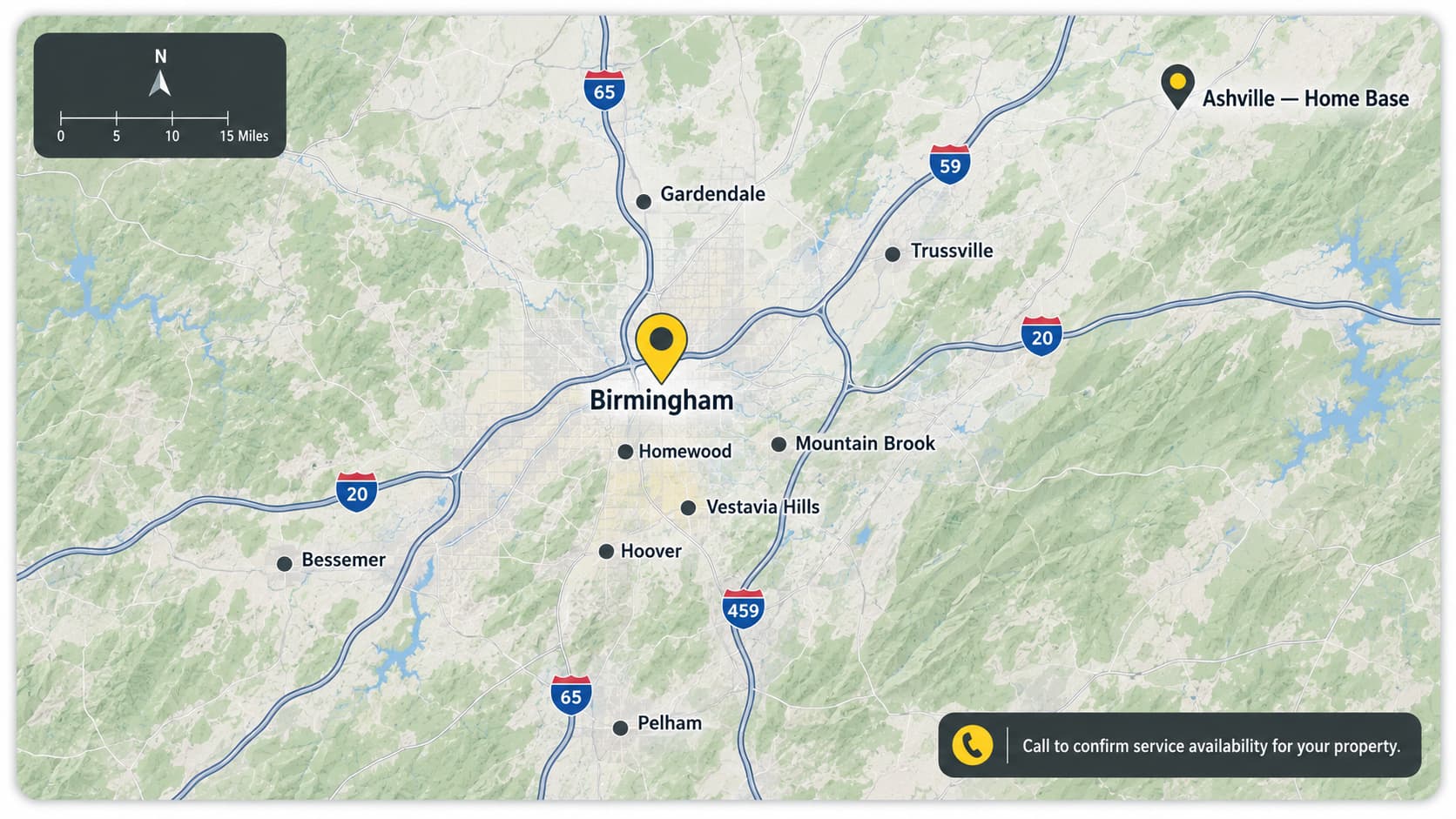 Map of Birmingham, Ashville and surrounding Alabama communities served by Ray Strong Elevators