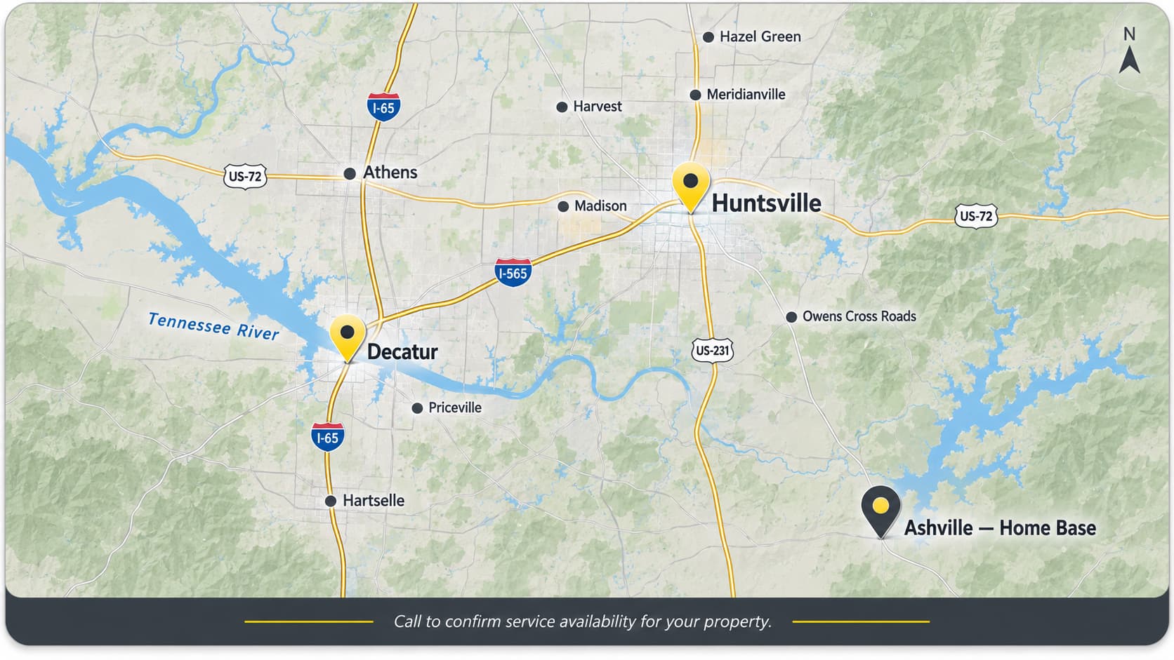 Map of Huntsville, Decatur, Ashville and surrounding North Alabama communities served by Ray Strong Elevators