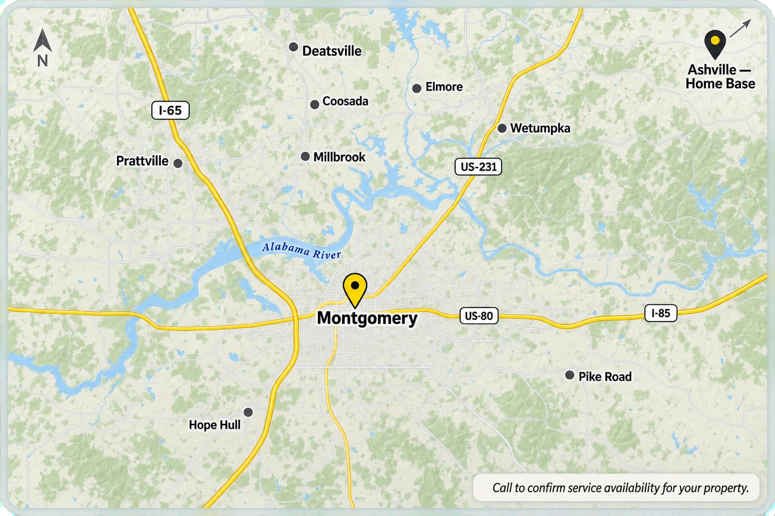 Map of Montgomery, Ashville and surrounding River Region communities served by Ray Strong Elevators