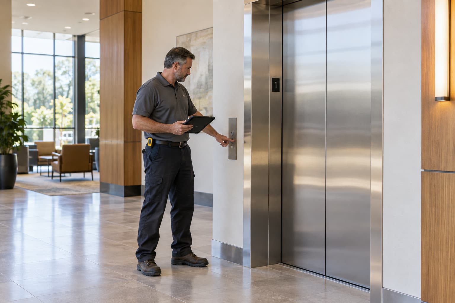 Elevator technician inspecting a commercial elevator in an Alabama building