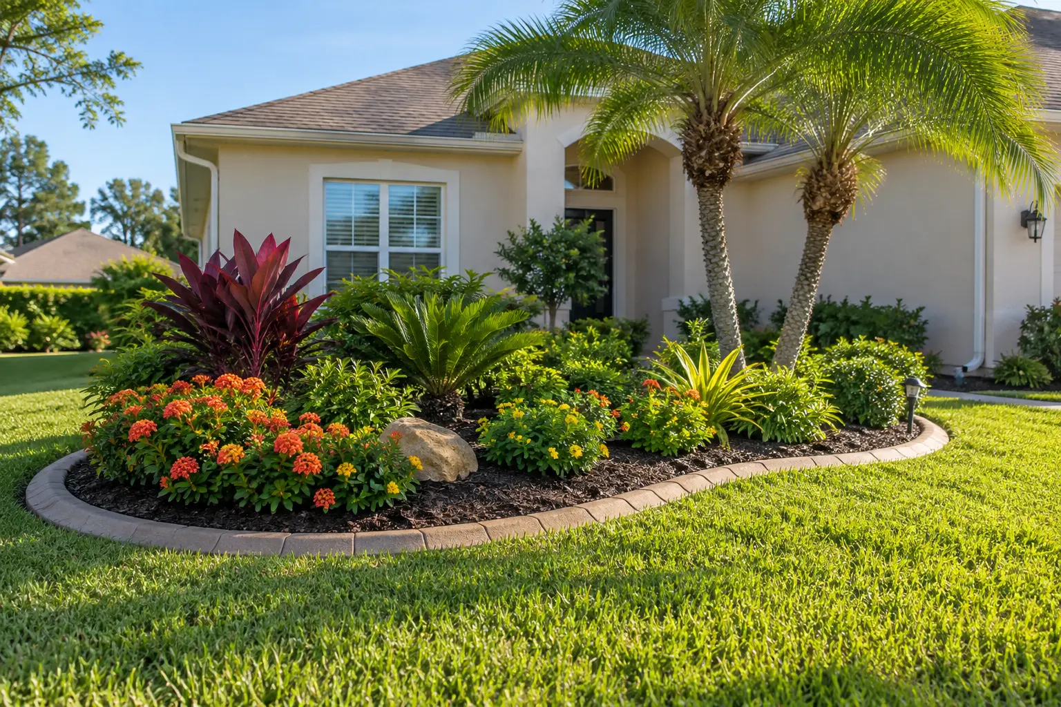 Landscaped Palm Coast home with colorful flower beds, mulch and decorative paver borders