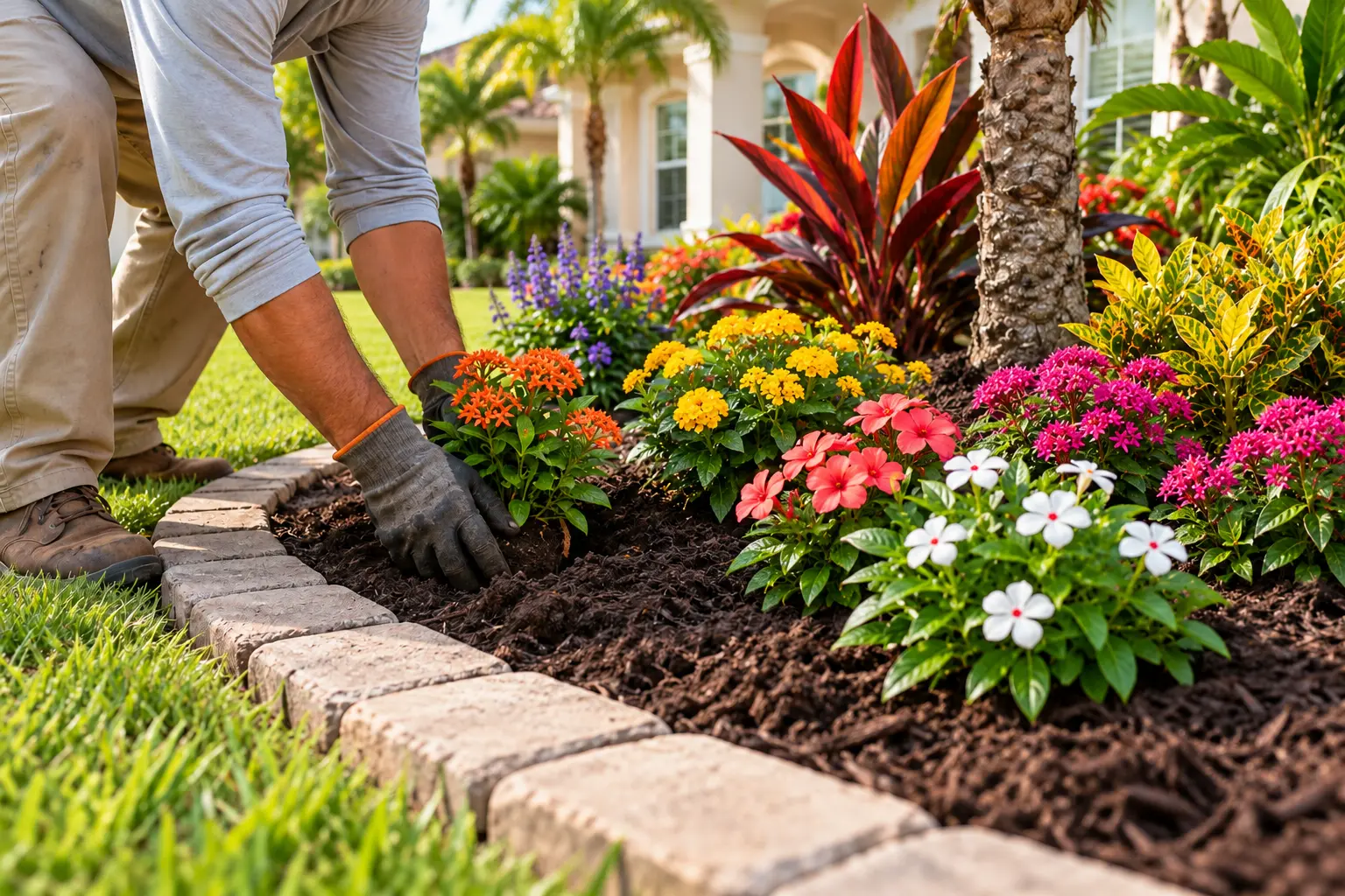 Landscaping professional planting colorful flowers in a mulched landscape bed with a decorative paver border in Palm Coast, Florida