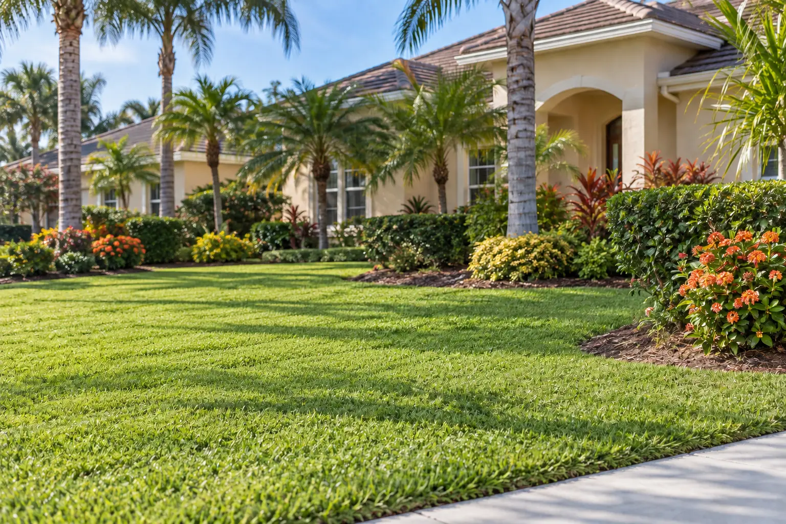 Beautifully maintained lawn with palm trees and colorful landscaping at a Palm Coast, Florida home