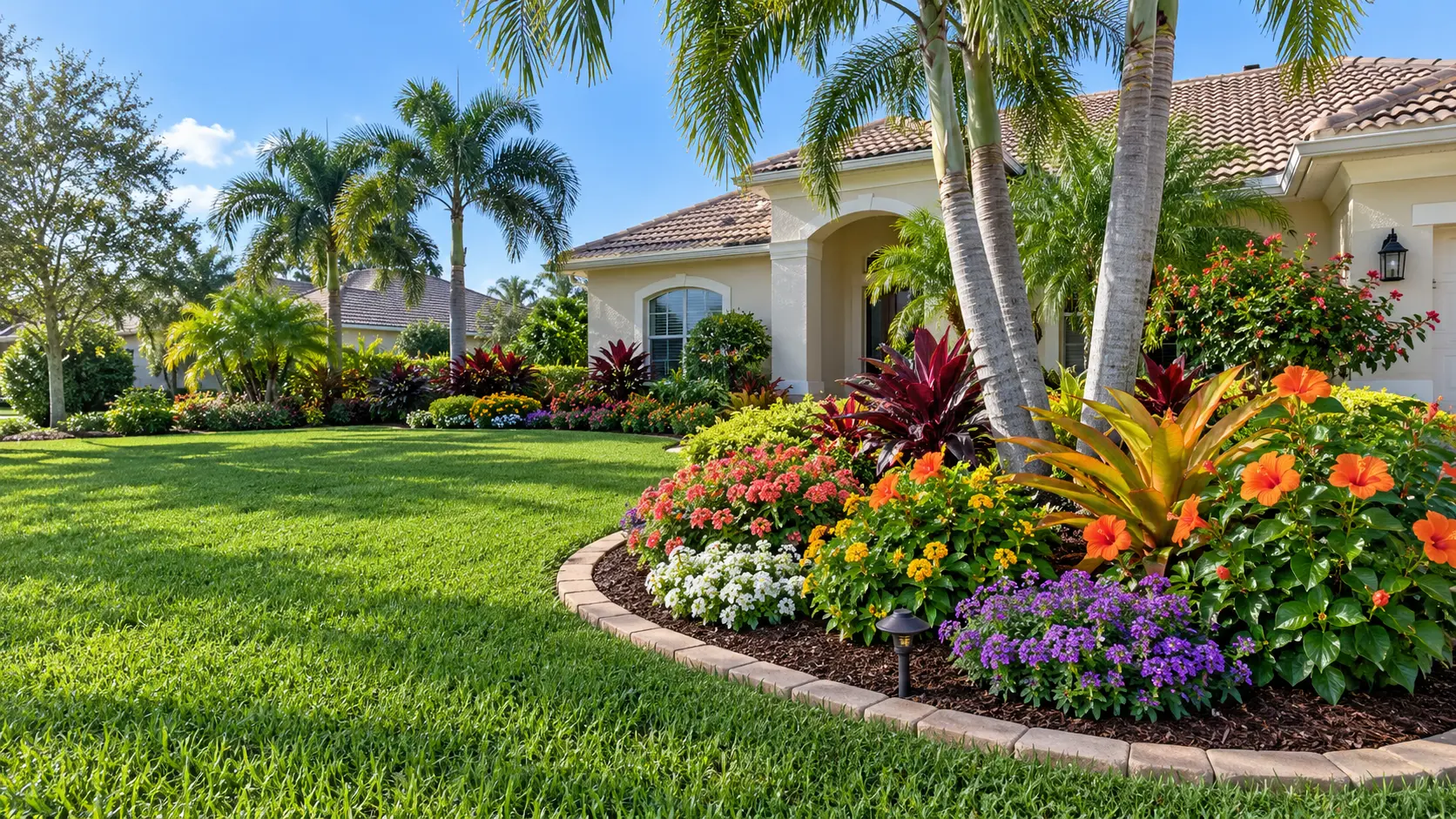 Colorful landscaping with tropical plants, fresh mulch and decorative paver borders at a Palm Coast, Florida home
