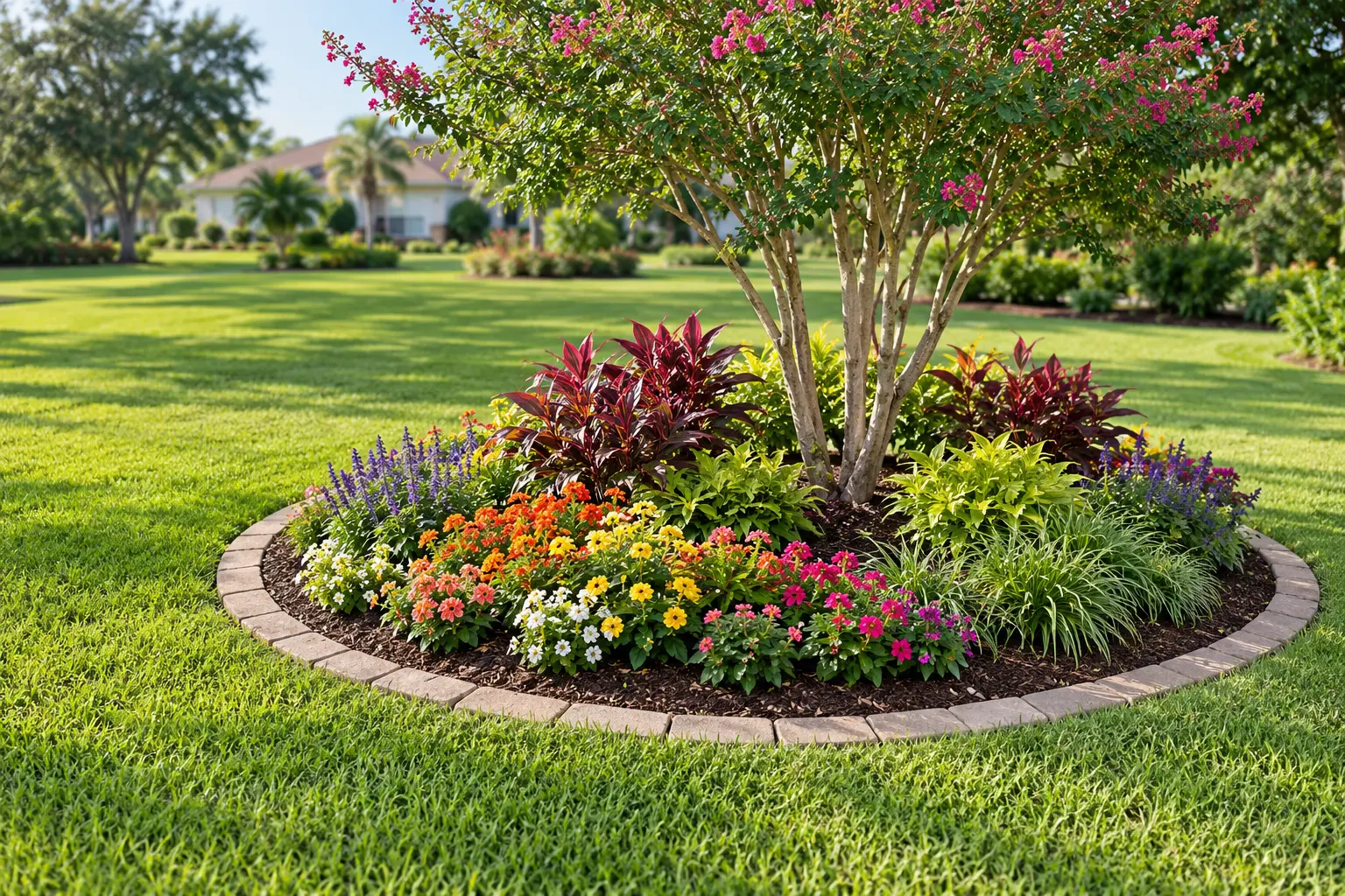 Colorful landscape island with an ornamental tree, fresh mulch and decorative paver border in Palm Coast, Florida