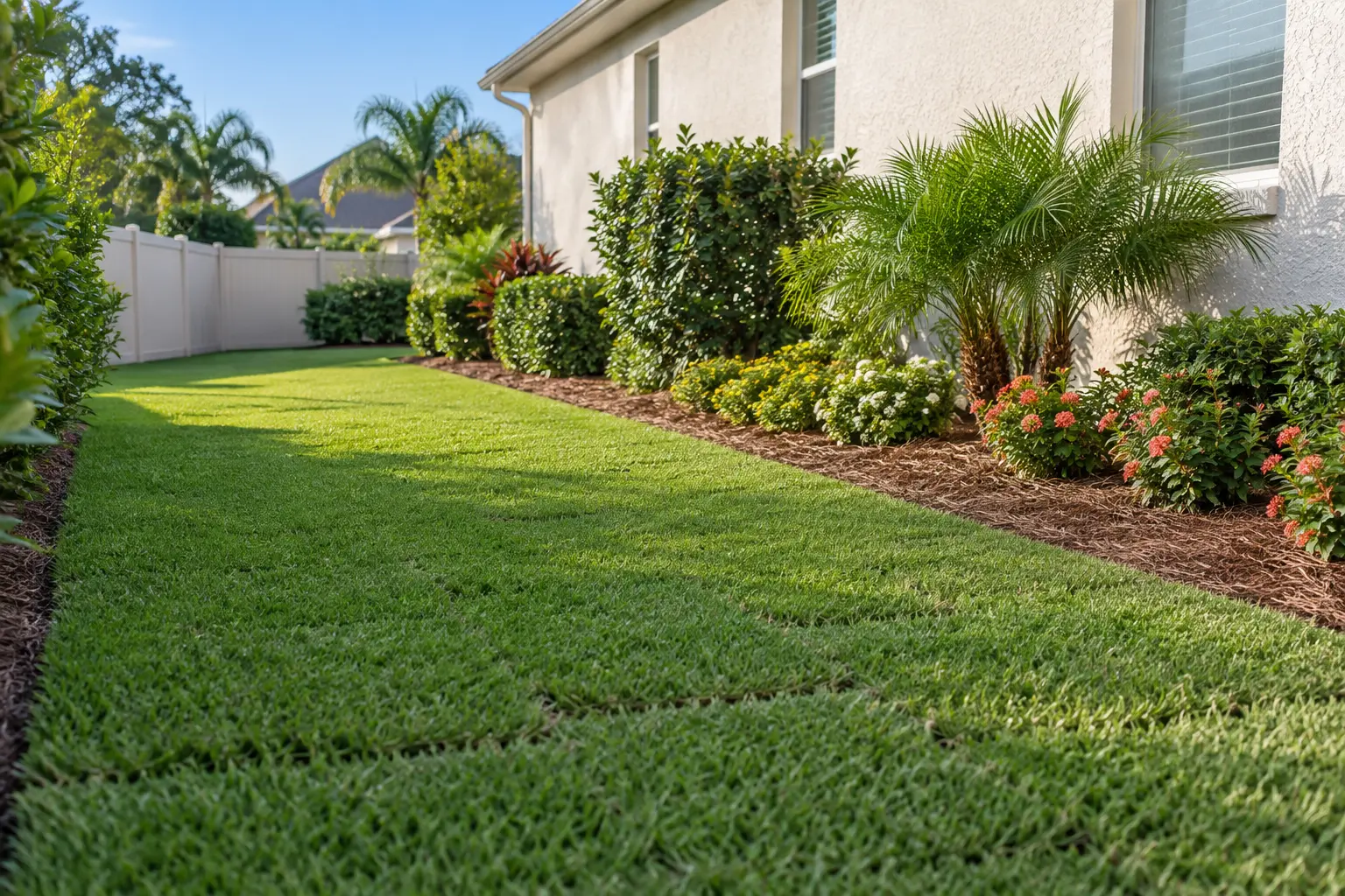 Fresh sod, trimmed shrubs and cleaned landscape beds at a Palm Coast, Florida home
