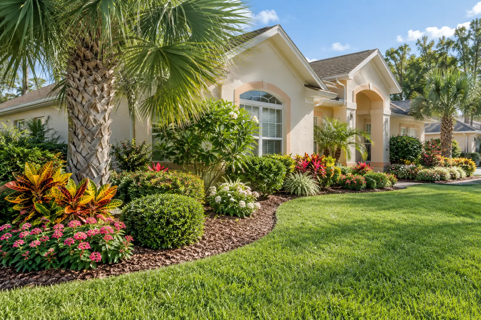 Florida-friendly landscaping with colorful plants, palms and fresh mulch at a Palm Coast home
