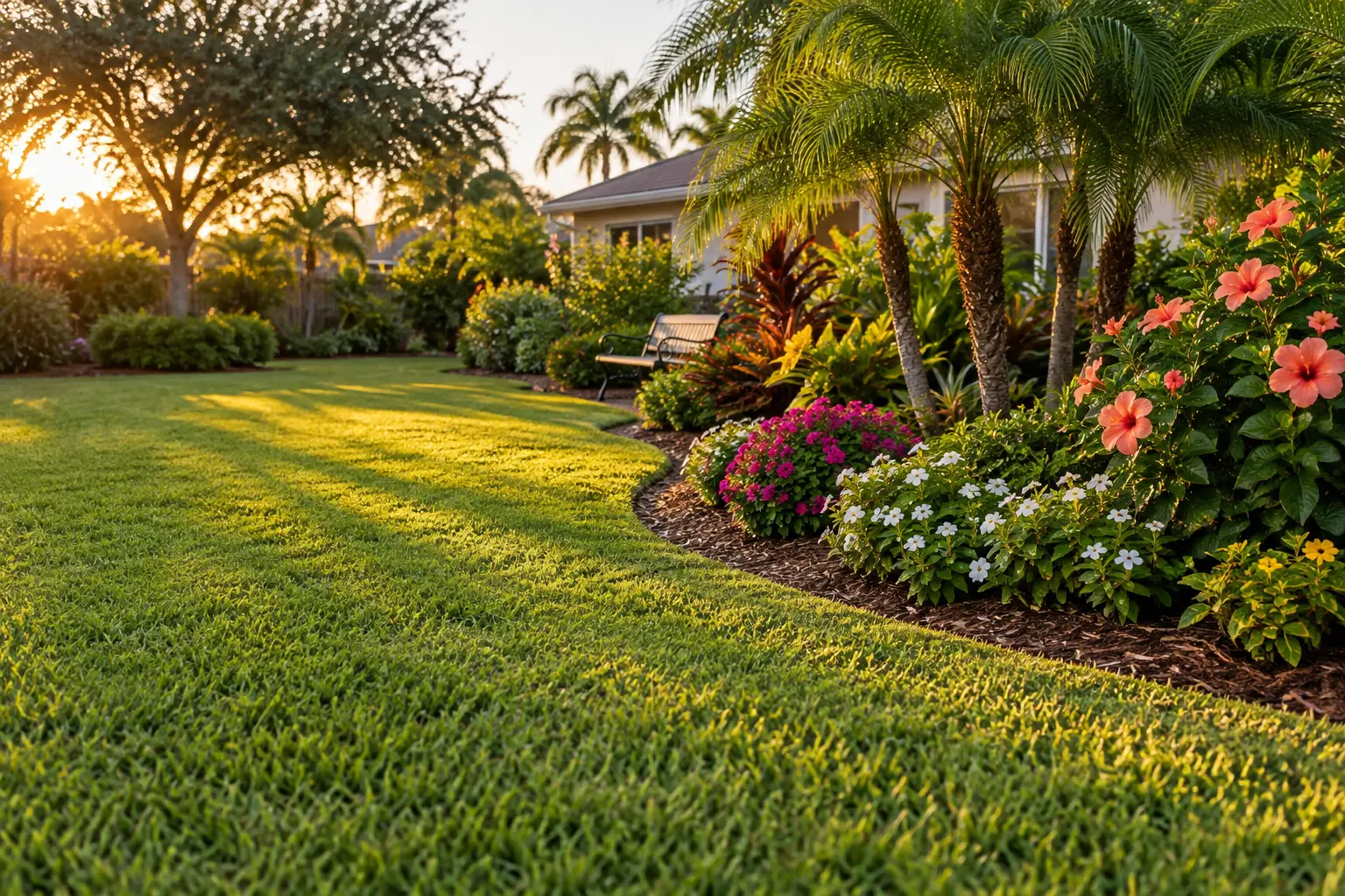 Colorful backyard landscaping with tropical plants and fresh mulch at a Palm Coast, Florida home