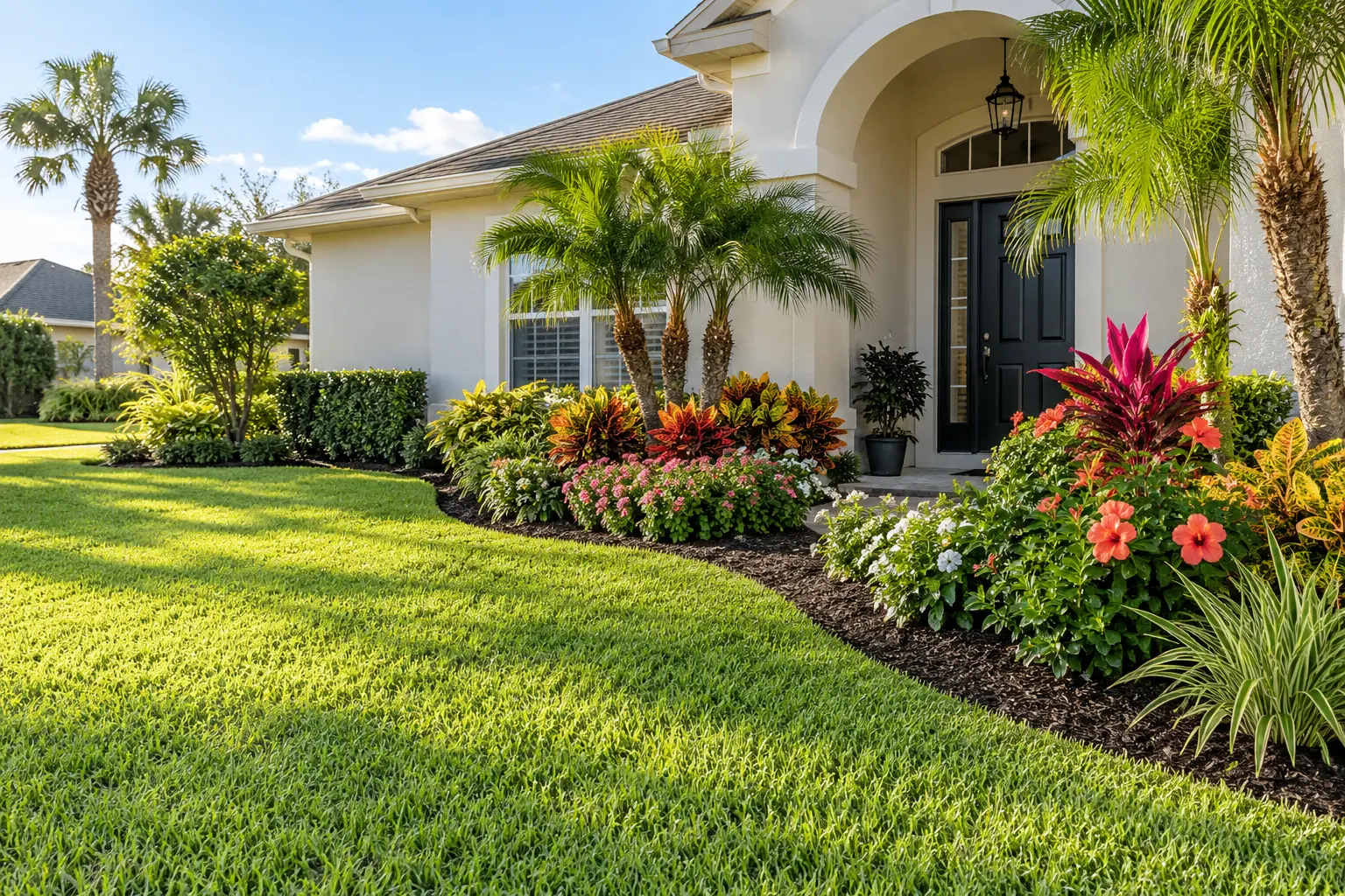 Colorful landscape bed installation with flowers, shrubs and palms at a Palm Coast, Florida home
