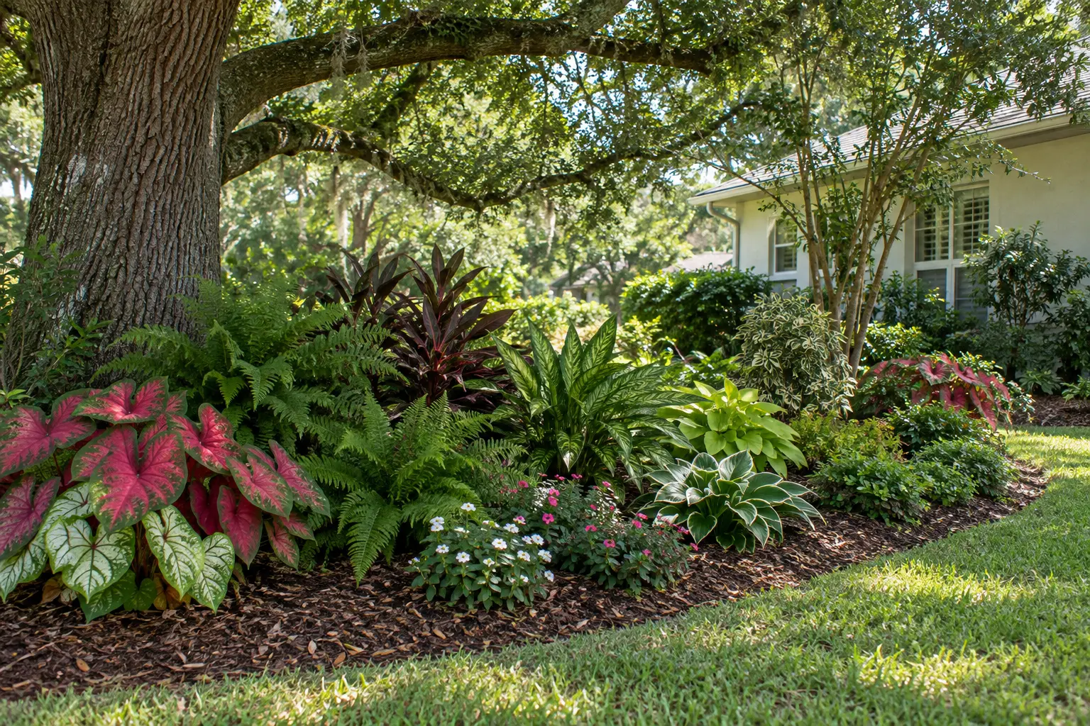 Refreshed shaded landscape bed with colorful foliage and flowers at a Palm Coast home