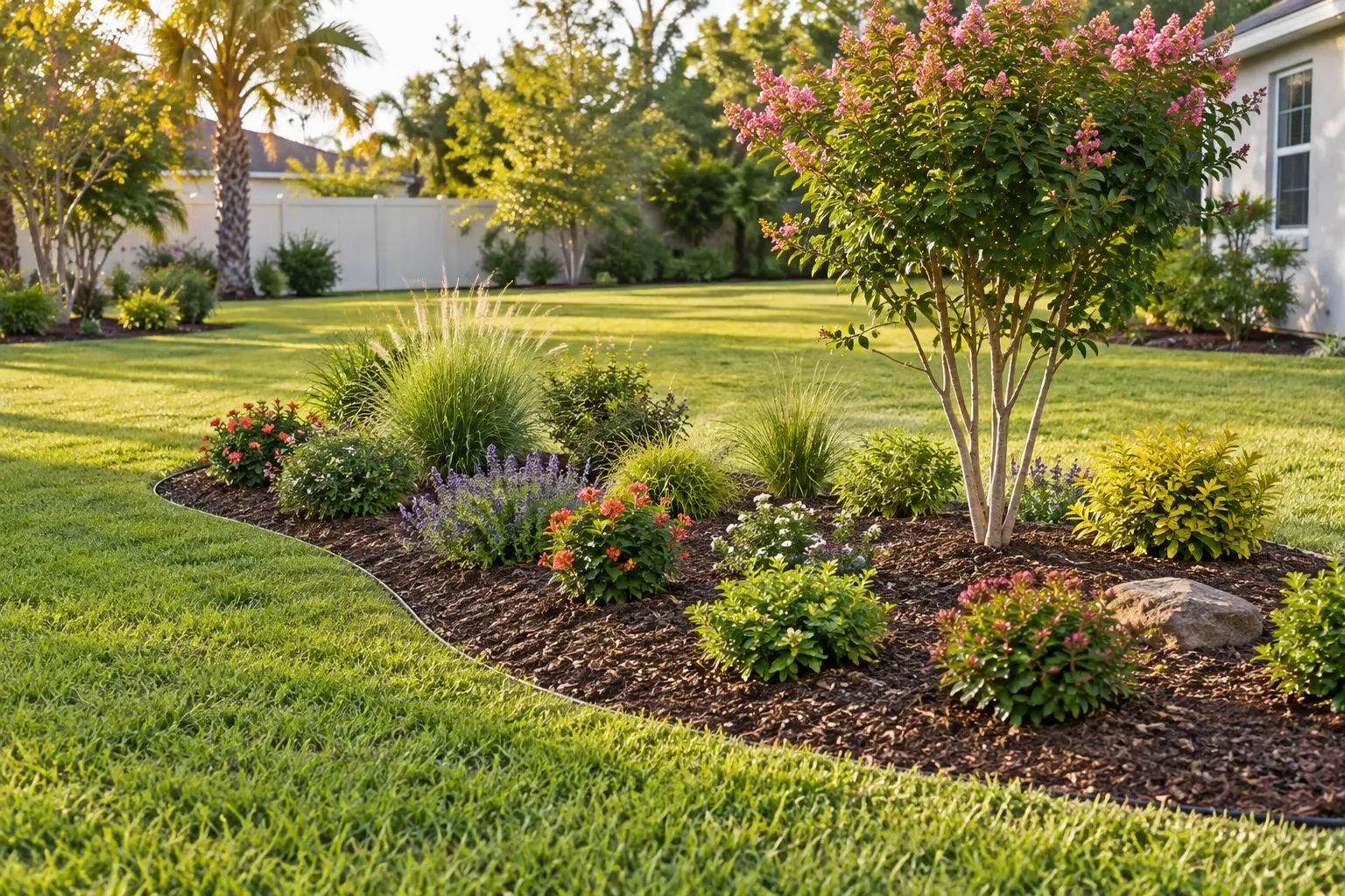 Newly planted landscape bed with properly spaced flowers and shrubs in Flagler County, Florida
