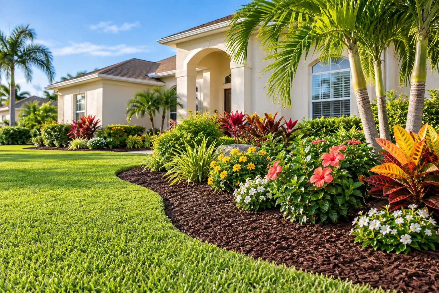 Fresh dark brown mulch installed around colorful plants and shrubs at a Palm Coast, Florida home