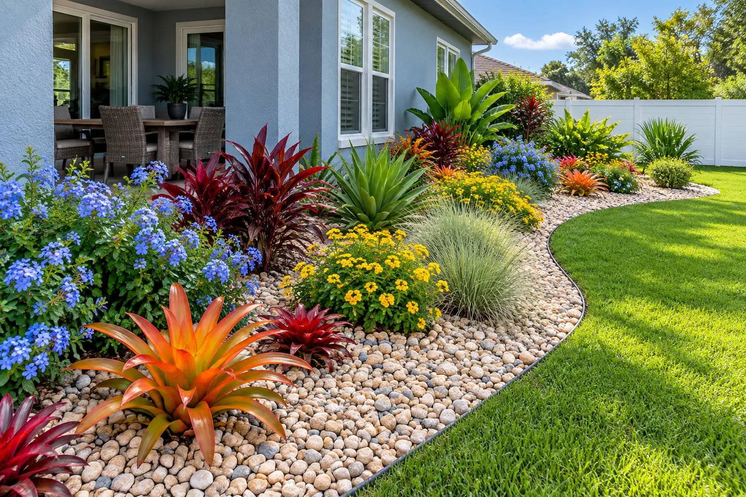 Decorative landscape rock installed around vibrant flowers and ornamental plants at a Palm Coast home