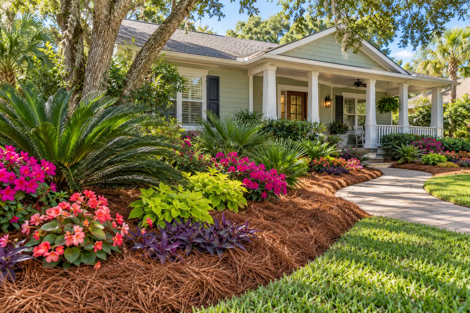 Fresh pine straw installed around colorful Florida plants at a Palm Coast home