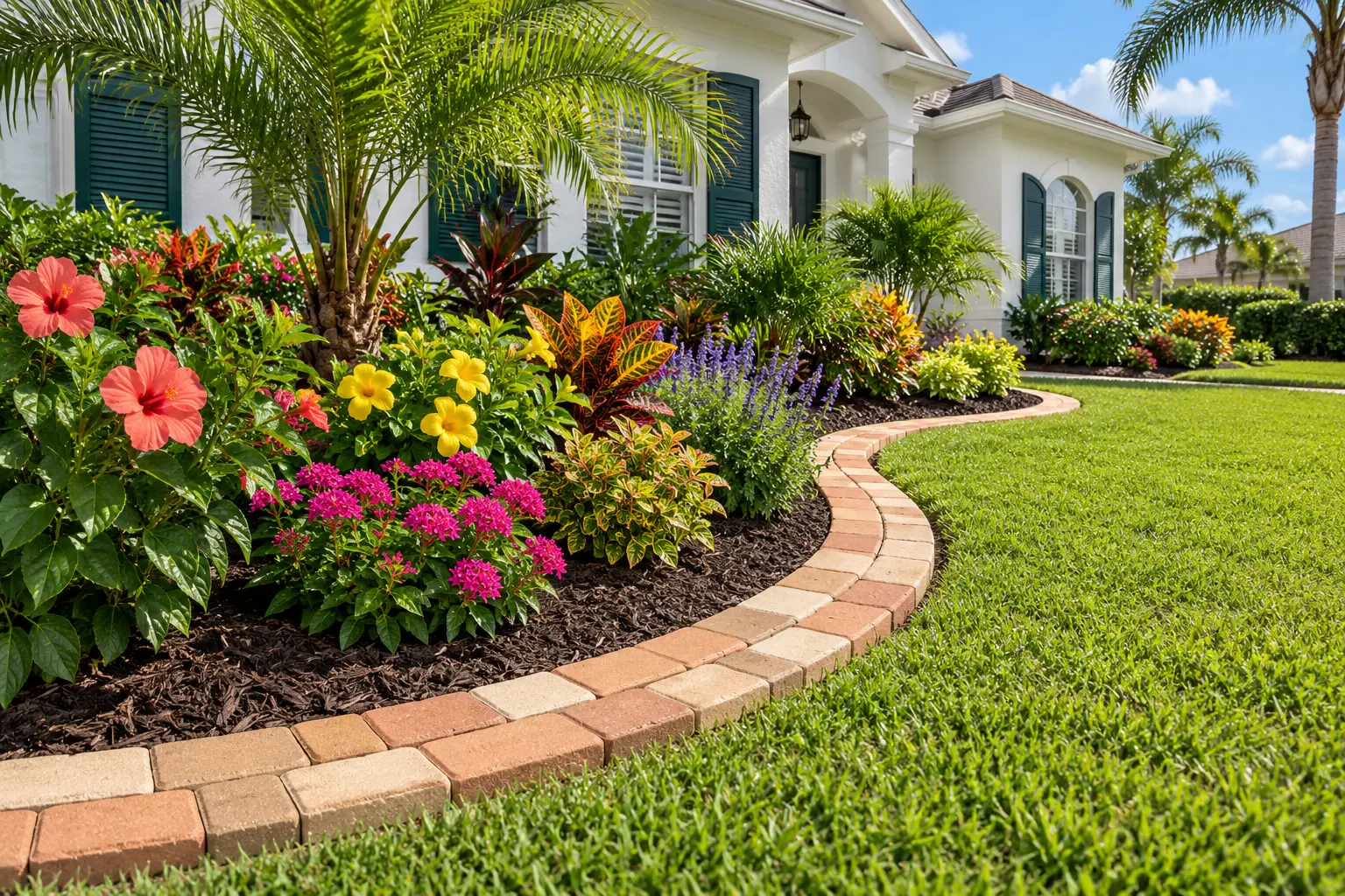 Curved decorative paver border surrounding a colorful landscape bed at a Palm Coast home
