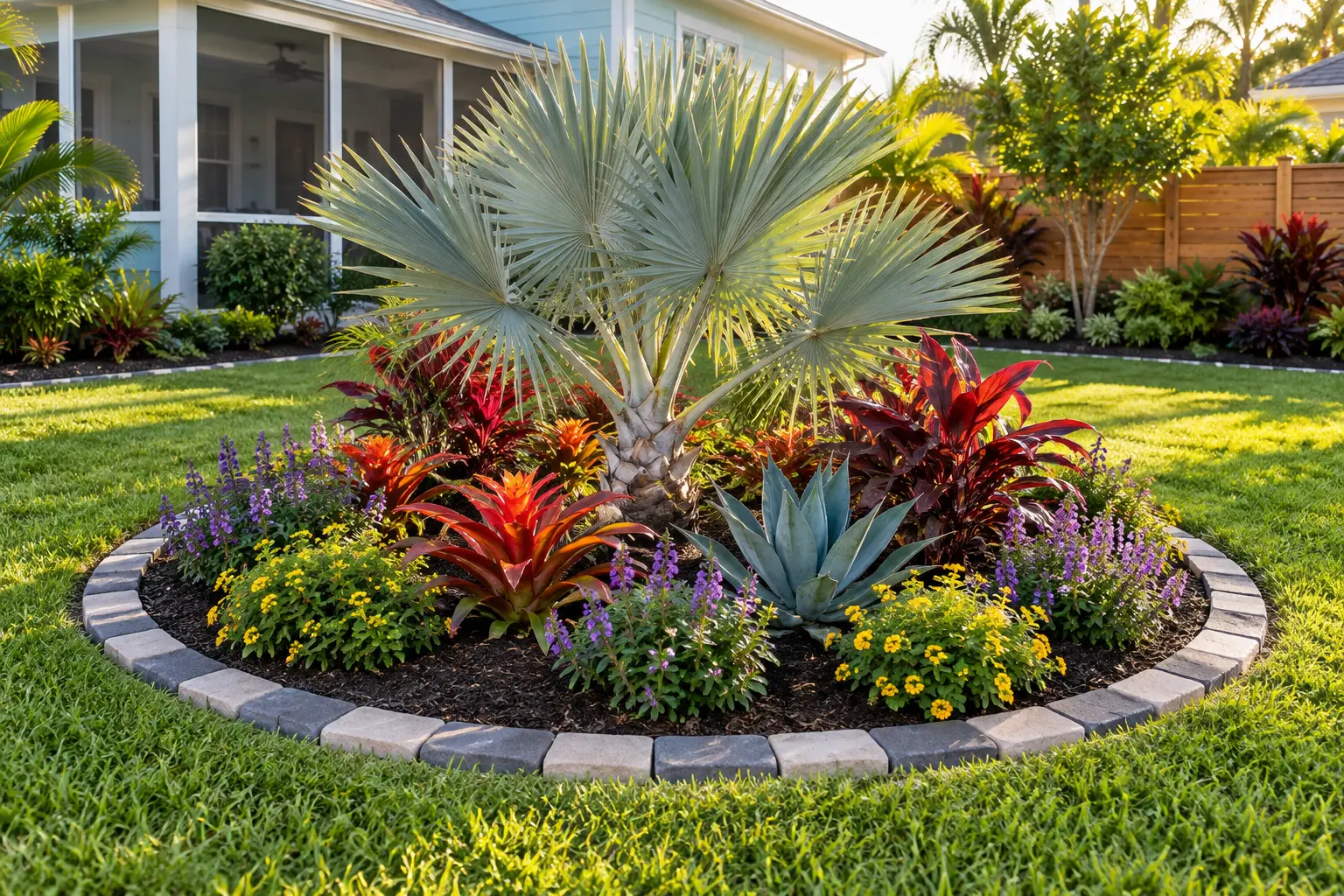 Decorative gray paver border around a vibrant tropical island bed in a Palm Coast backyard