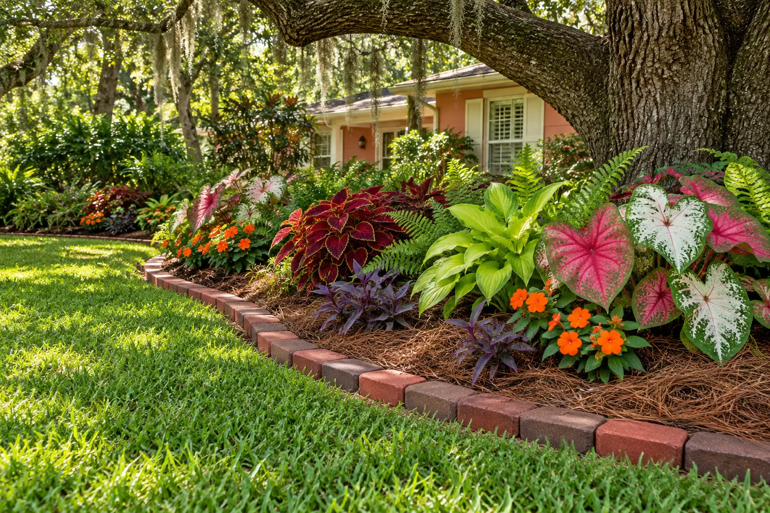 Red and brown decorative paver edging around a colorful shaded landscape bed in Flagler County