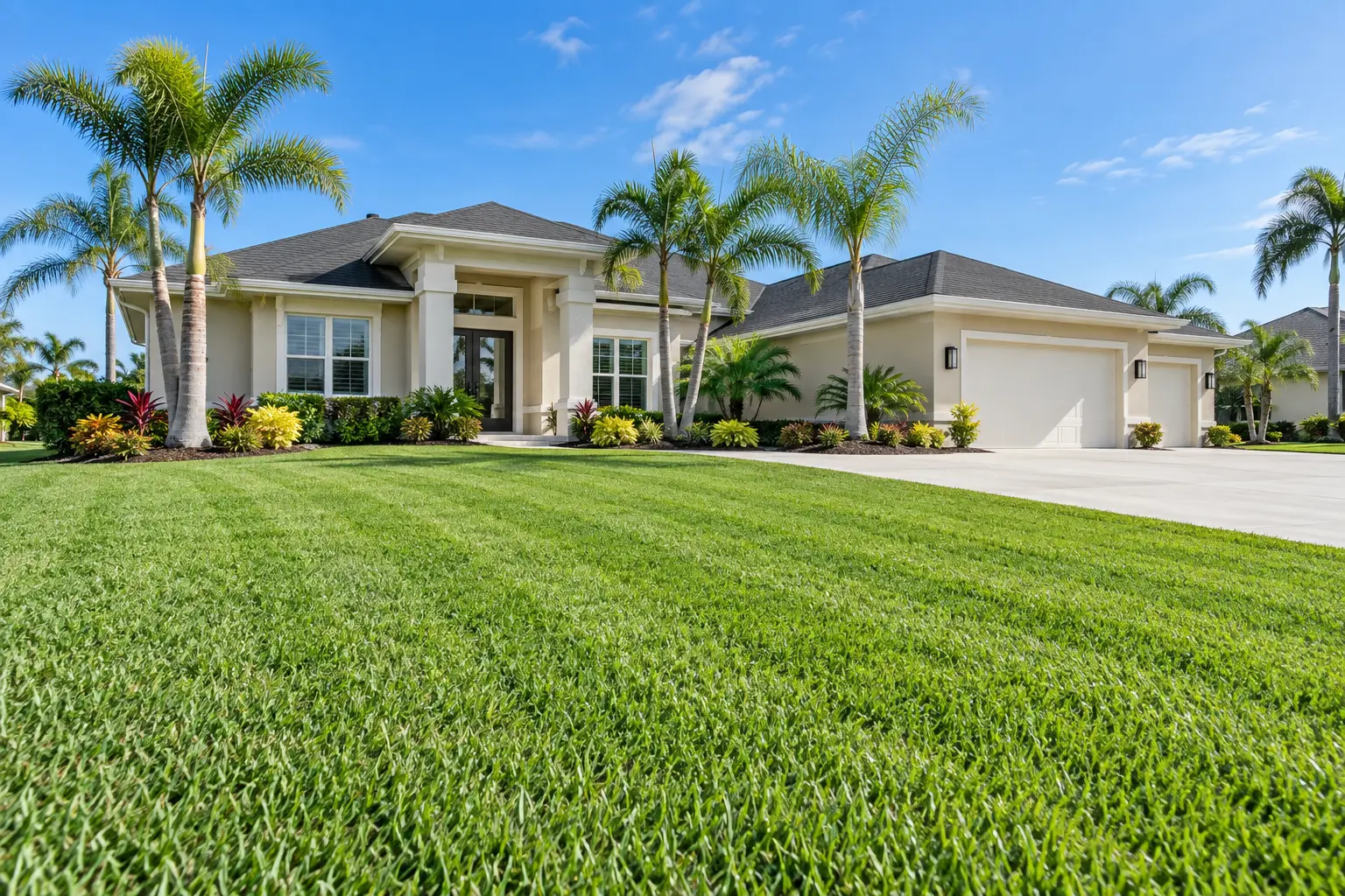 Freshly mowed and edged residential lawn at a Palm Coast, Florida home