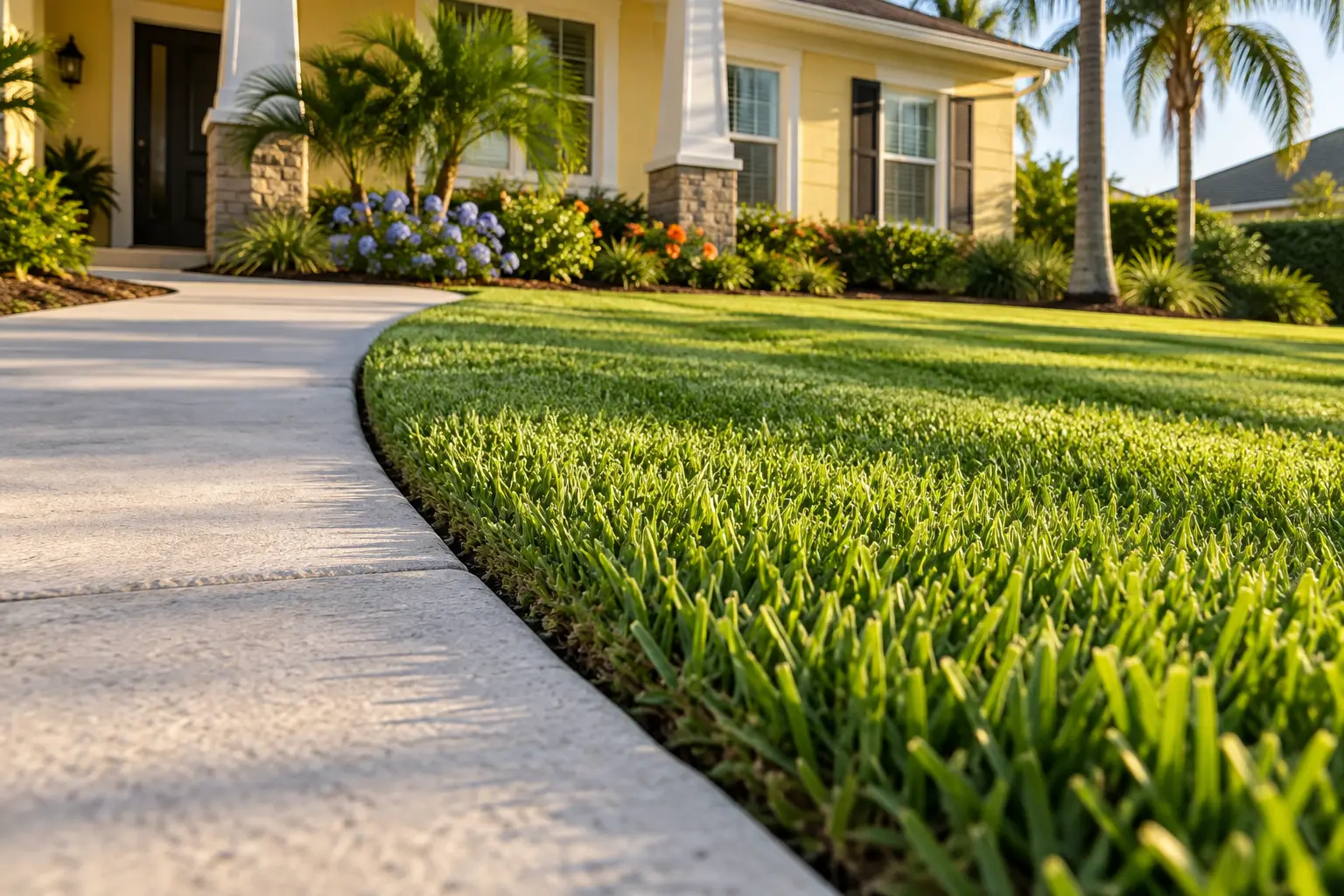 Crisp lawn edging along a curved walkway at a Palm Coast home