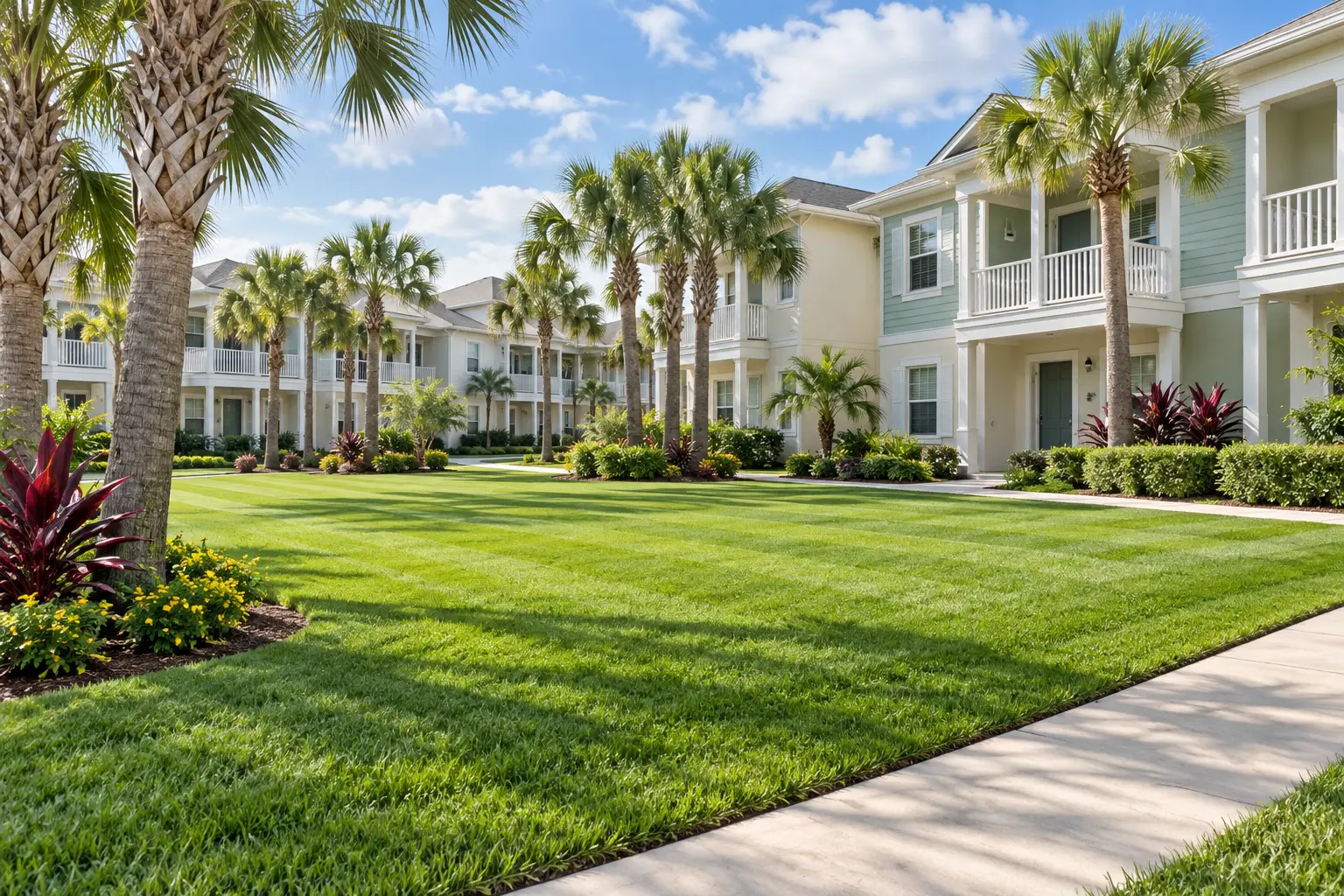 Freshly maintained shared lawn at a Palm Coast townhome community